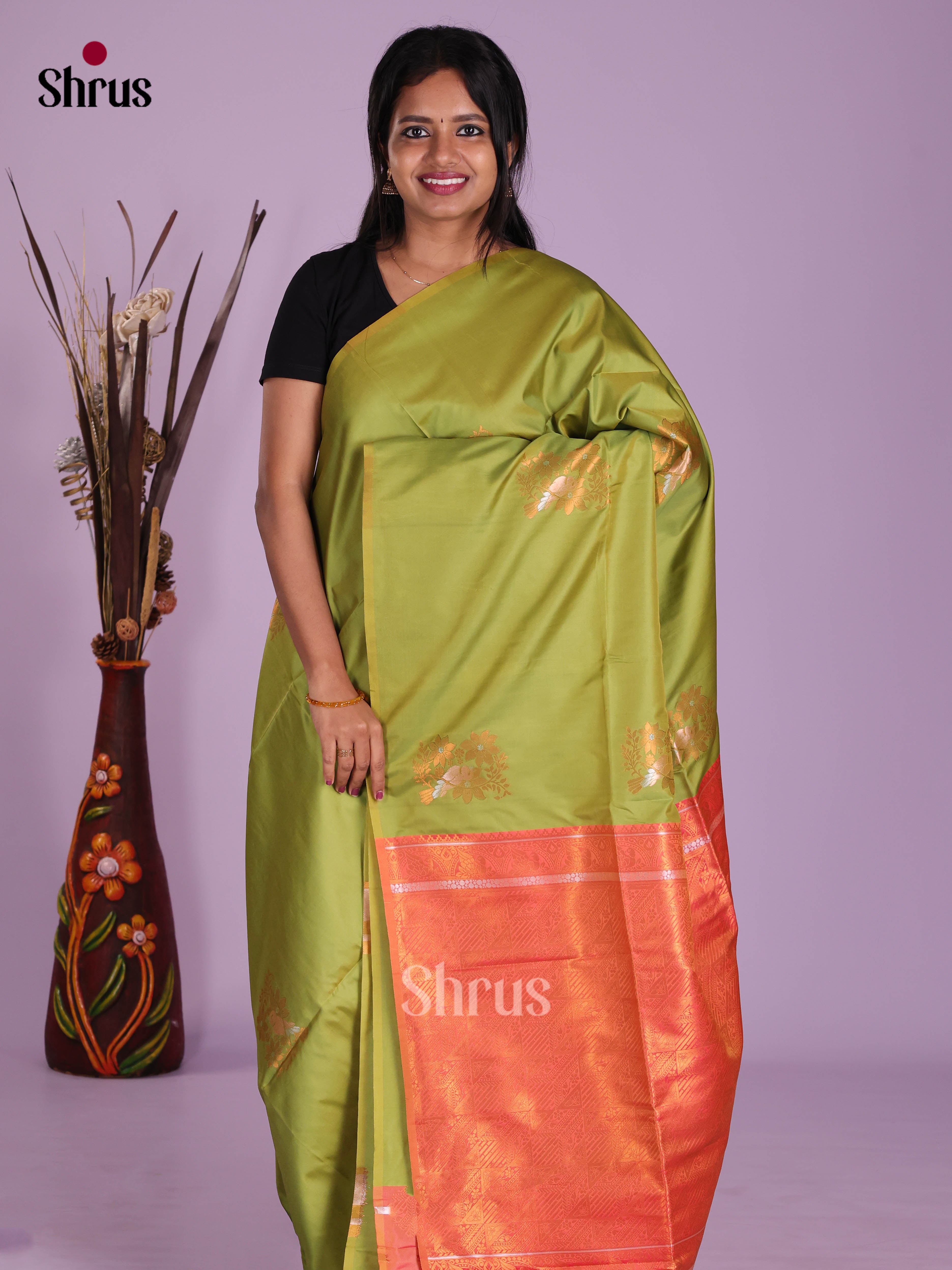 Green & Orange - Semi Softsilk Saree