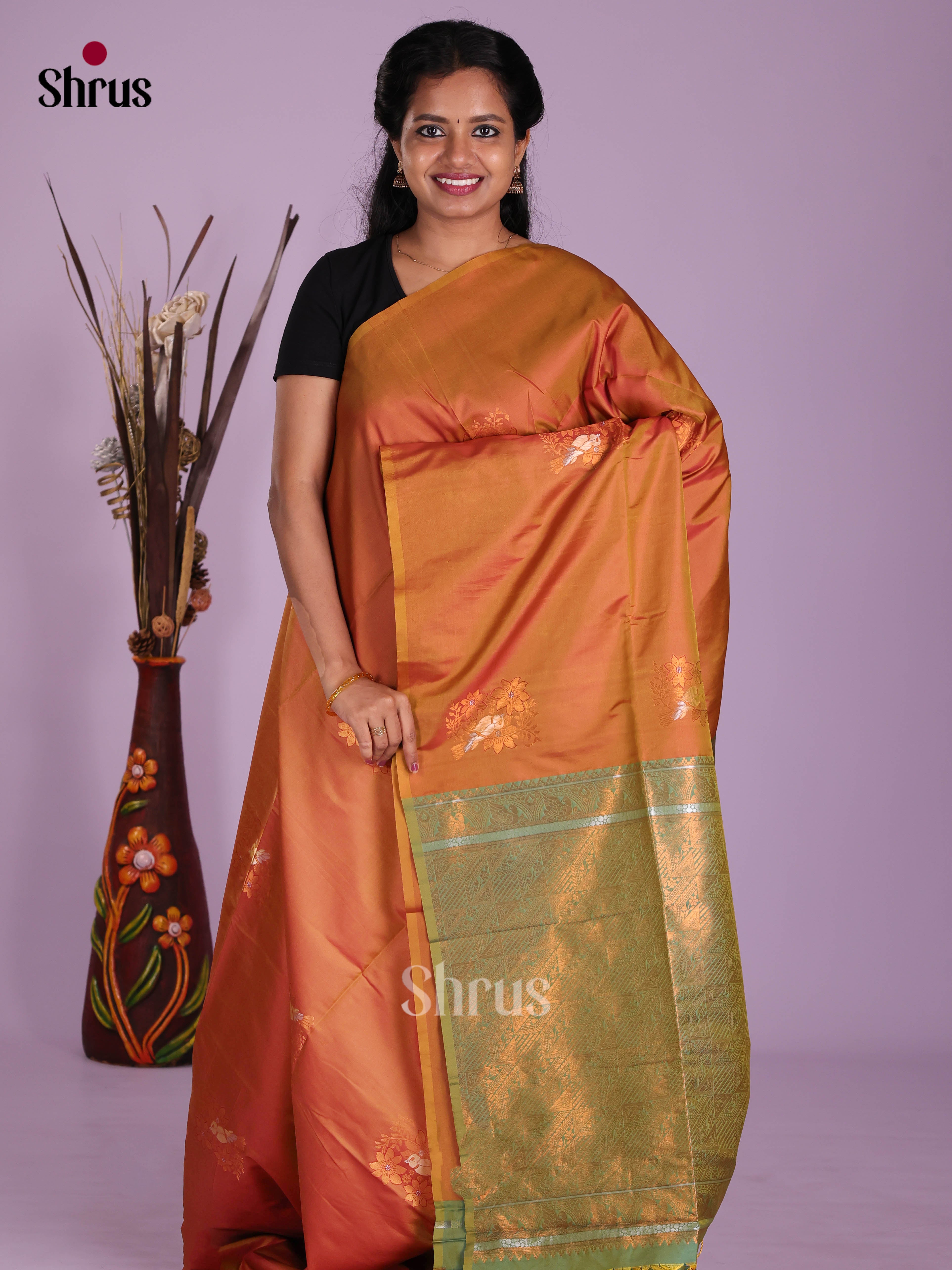 Brick & Green- Semi Softsilk Saree