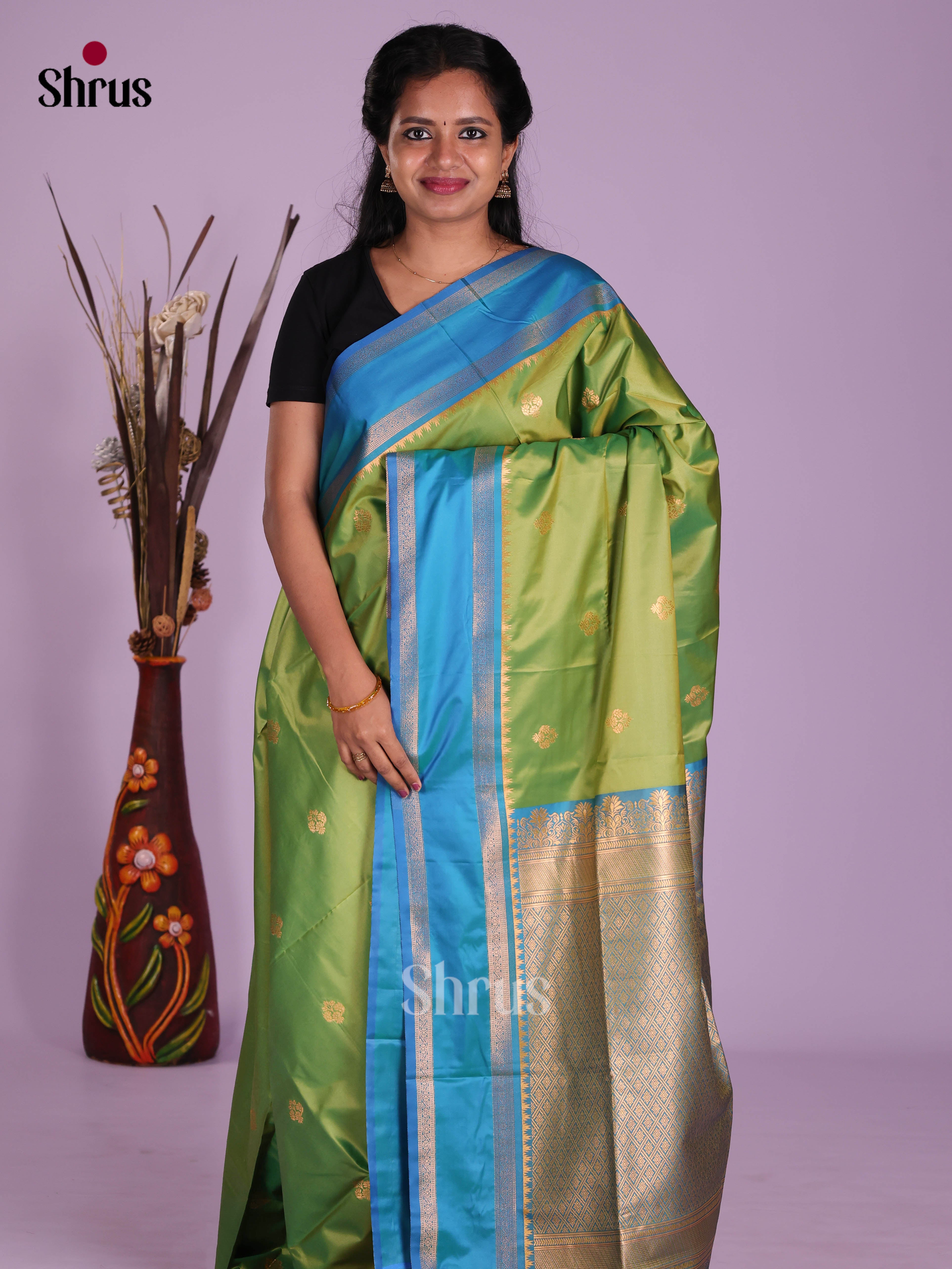 Parrot Green & Blue - Semi Softsilk Saree