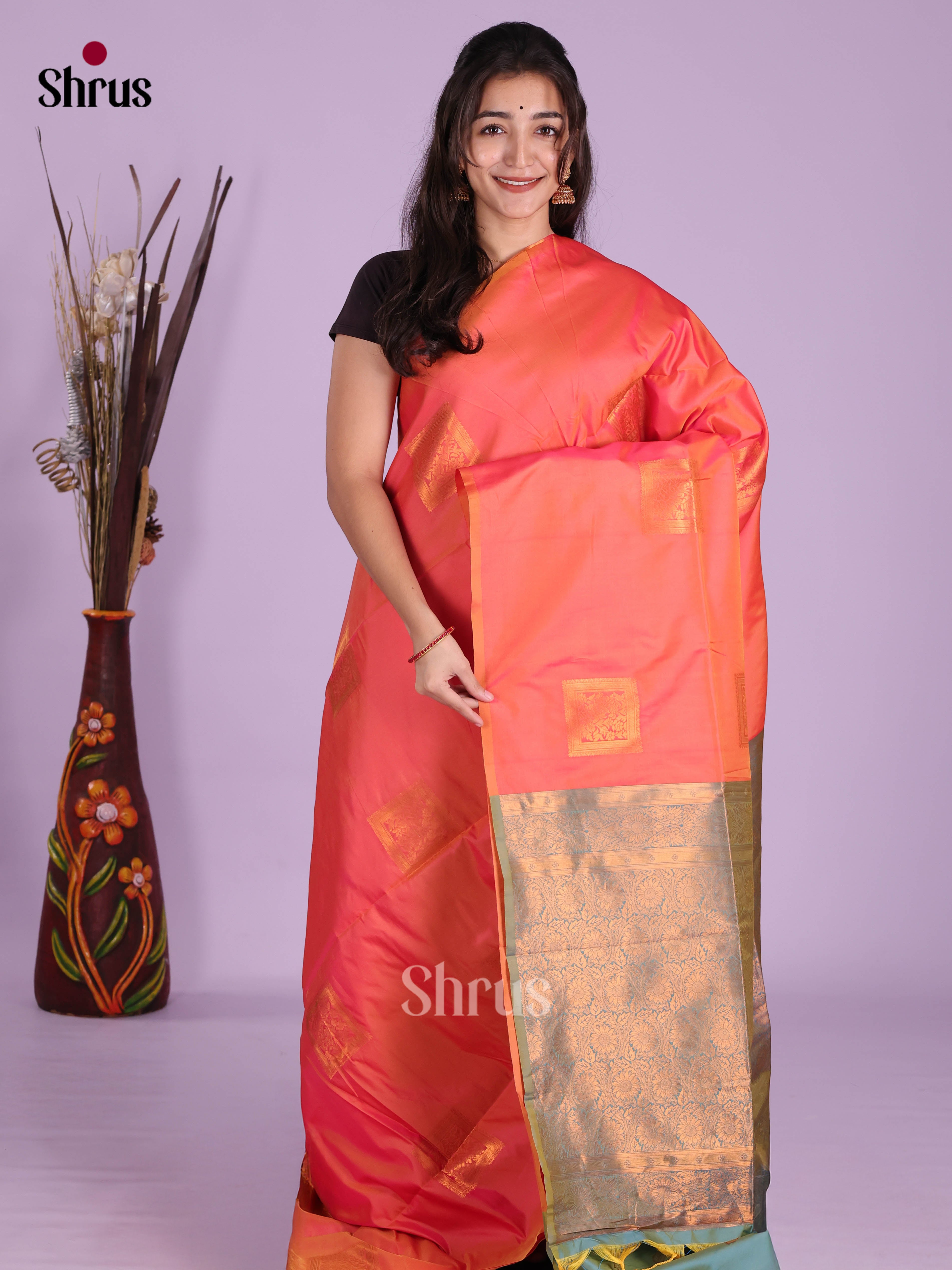 Orange & Pastel Green - Semi Softsilk Saree