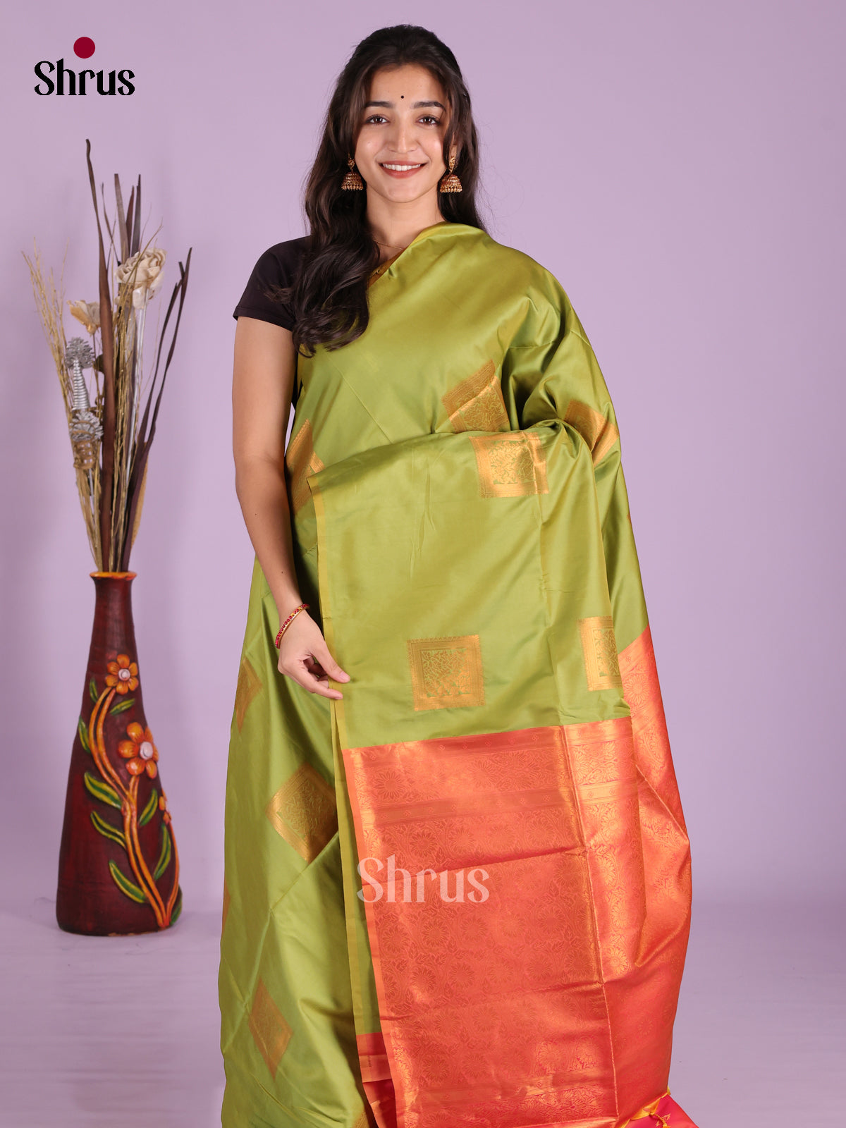 Light Green & Orange - Semi Softsilk Saree