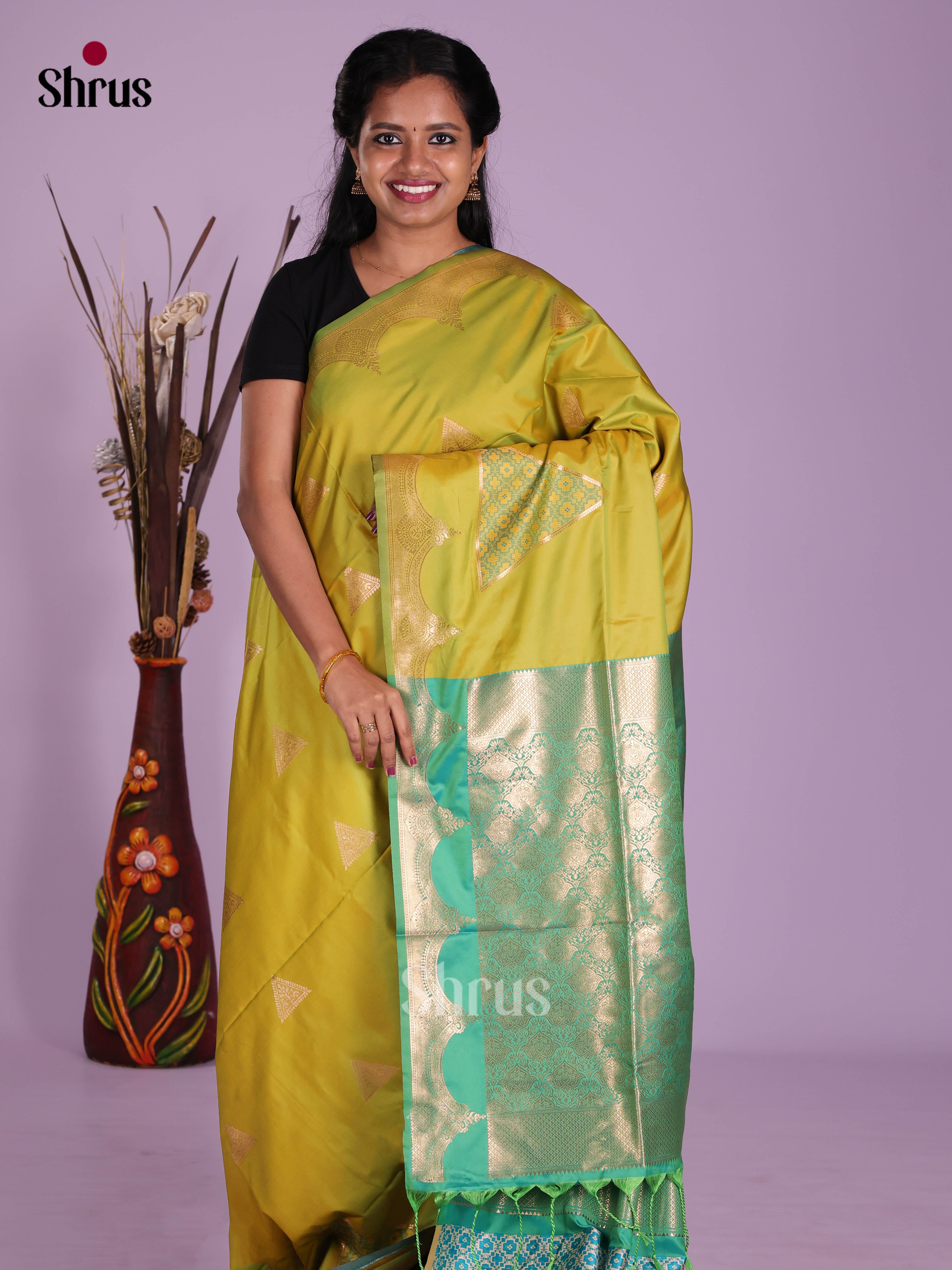 Lime Green & Green - Semi Softsilk Saree