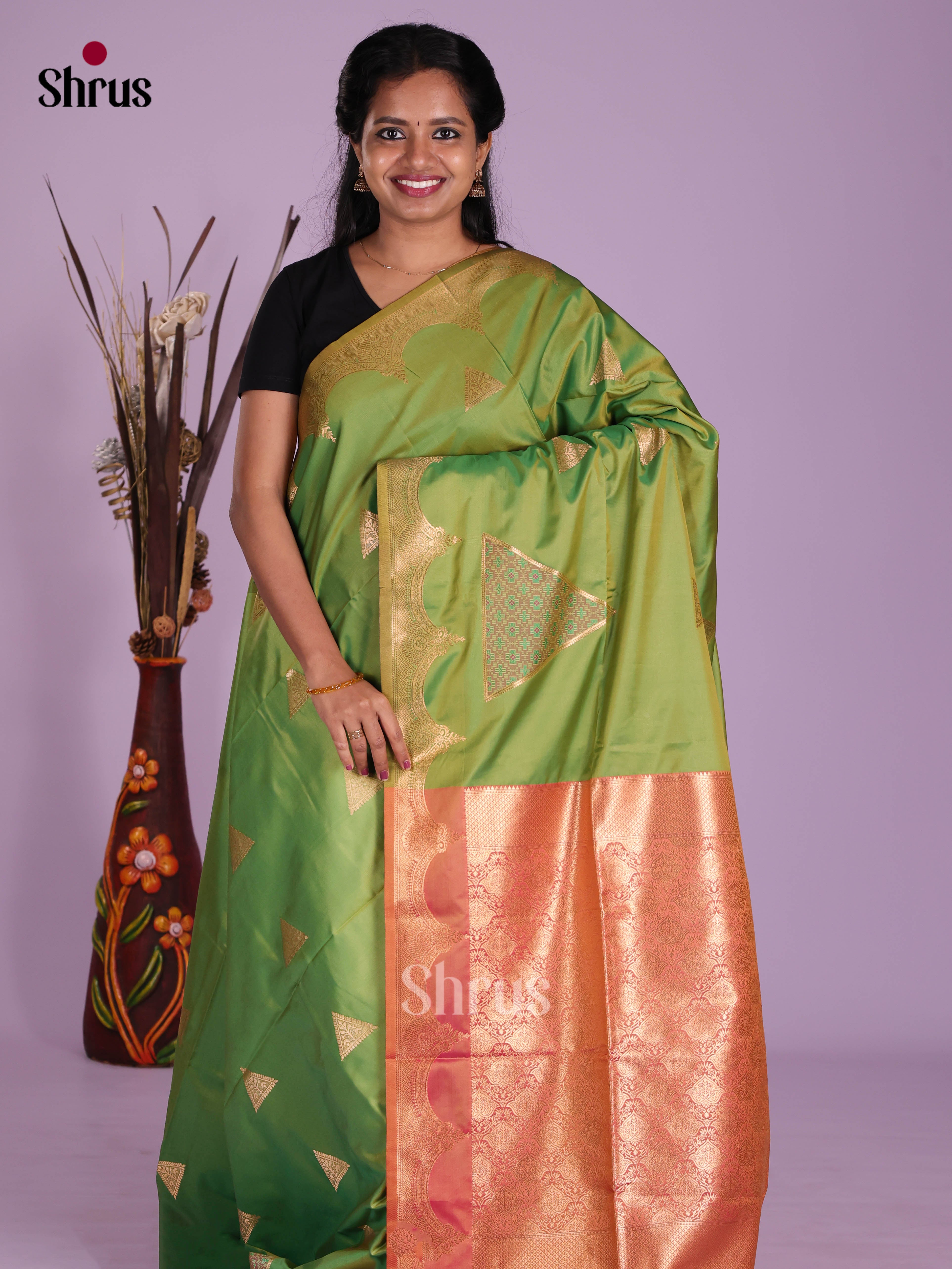 Parrot Green & Orangish Pink - Semi Softsilk Saree