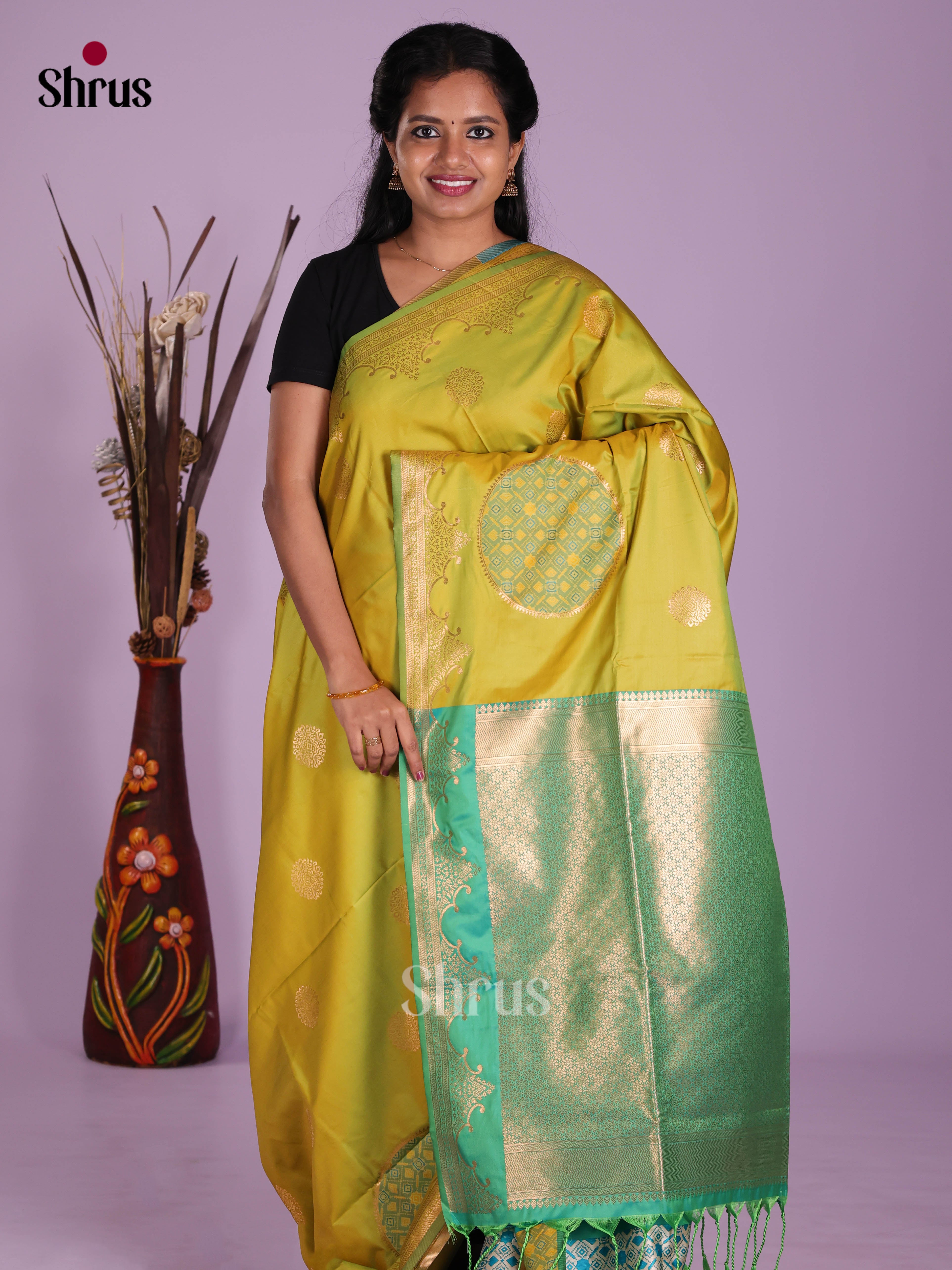 Lime Green & Green - Semi Softsilk Saree