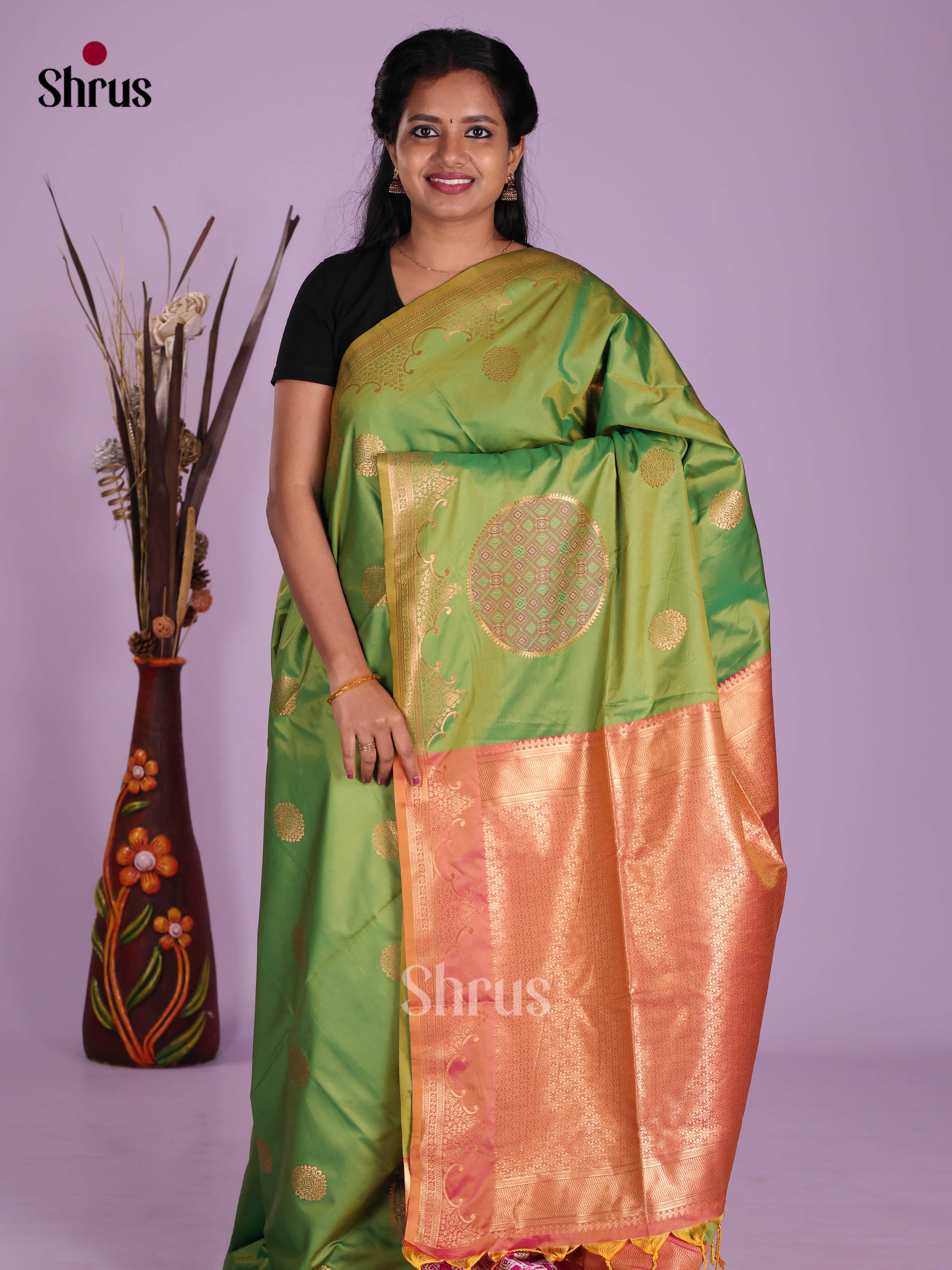 Light green & Orangish Pink - Semi Softsilk Saree