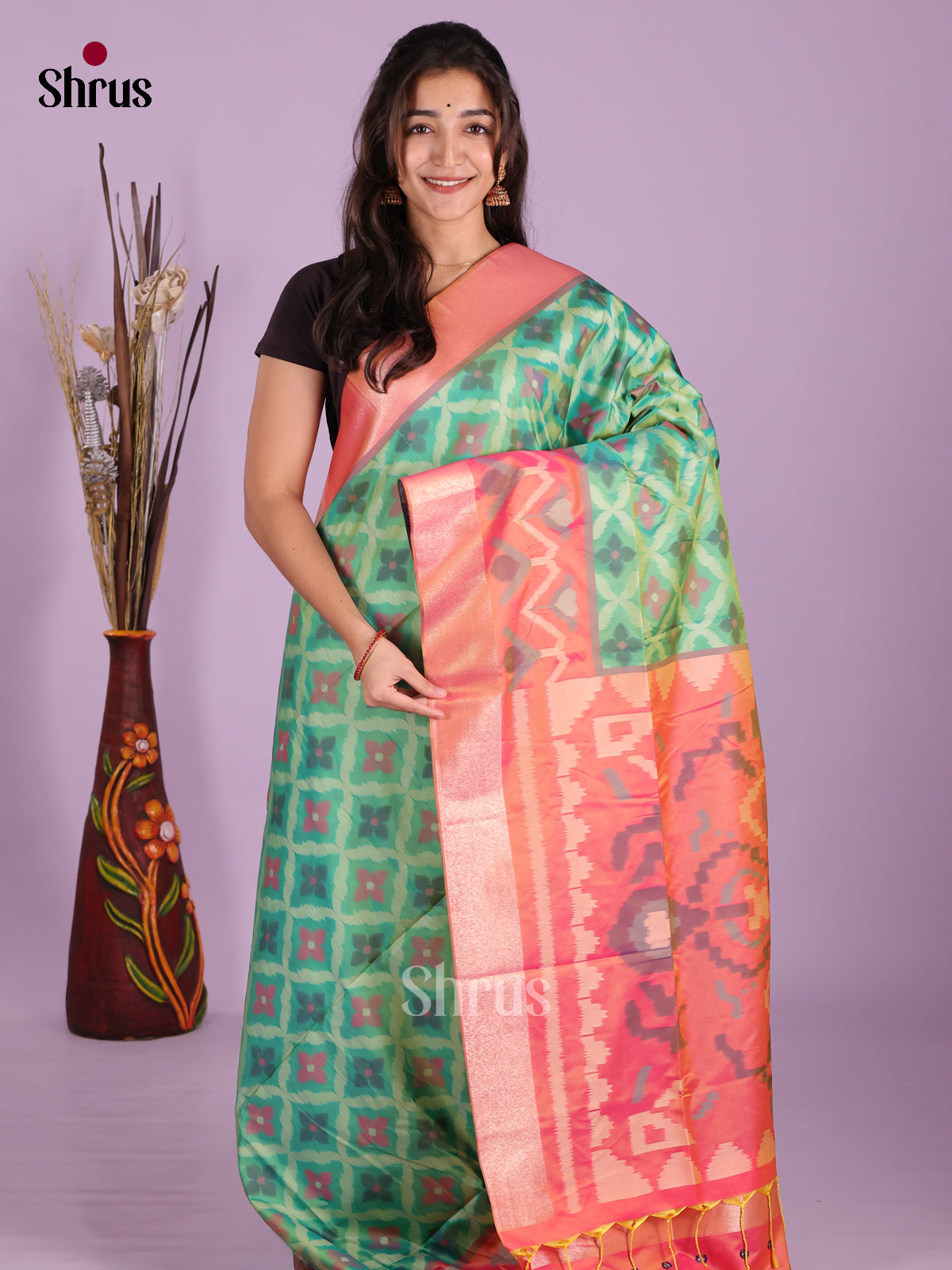 Green & Orange- Semi Softsilk Saree
