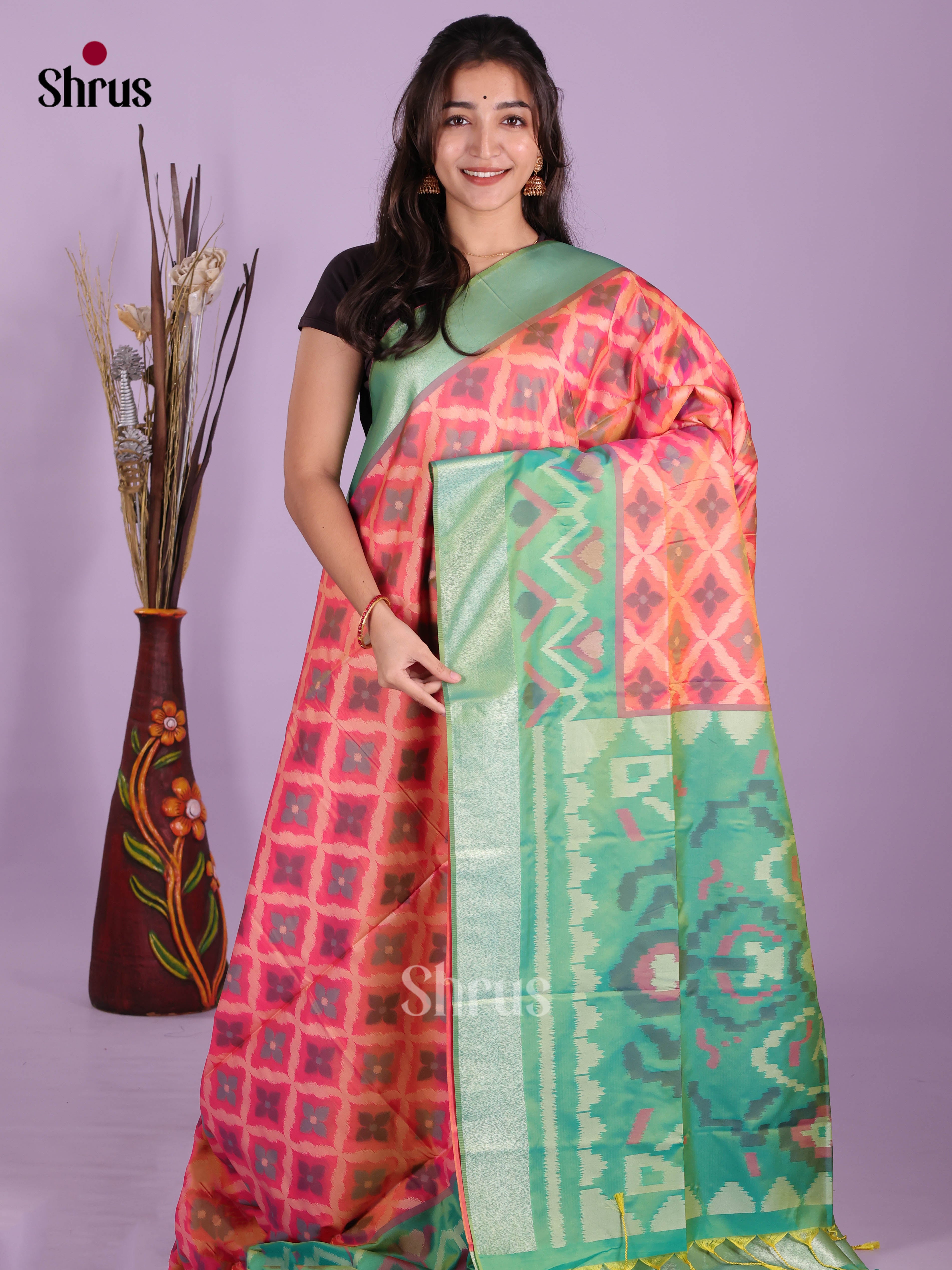 Orange & Green - Semi Softsilk Saree