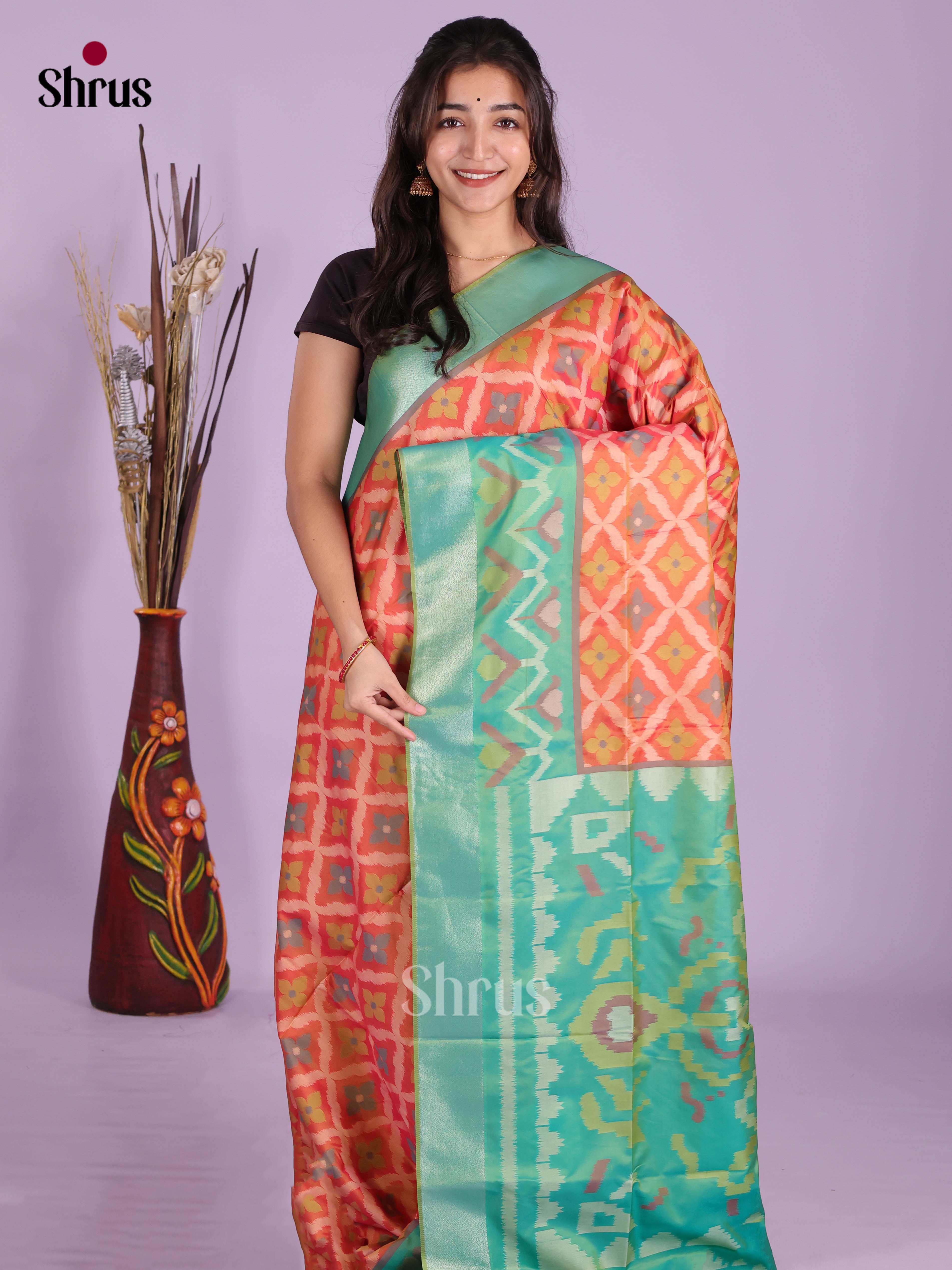 Orange & Green - Semi Softsilk Saree