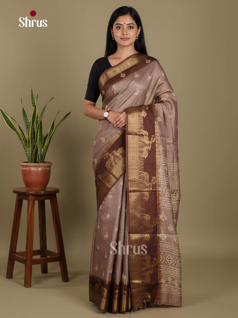 Grey & Brown - Semi Dola silk Saree