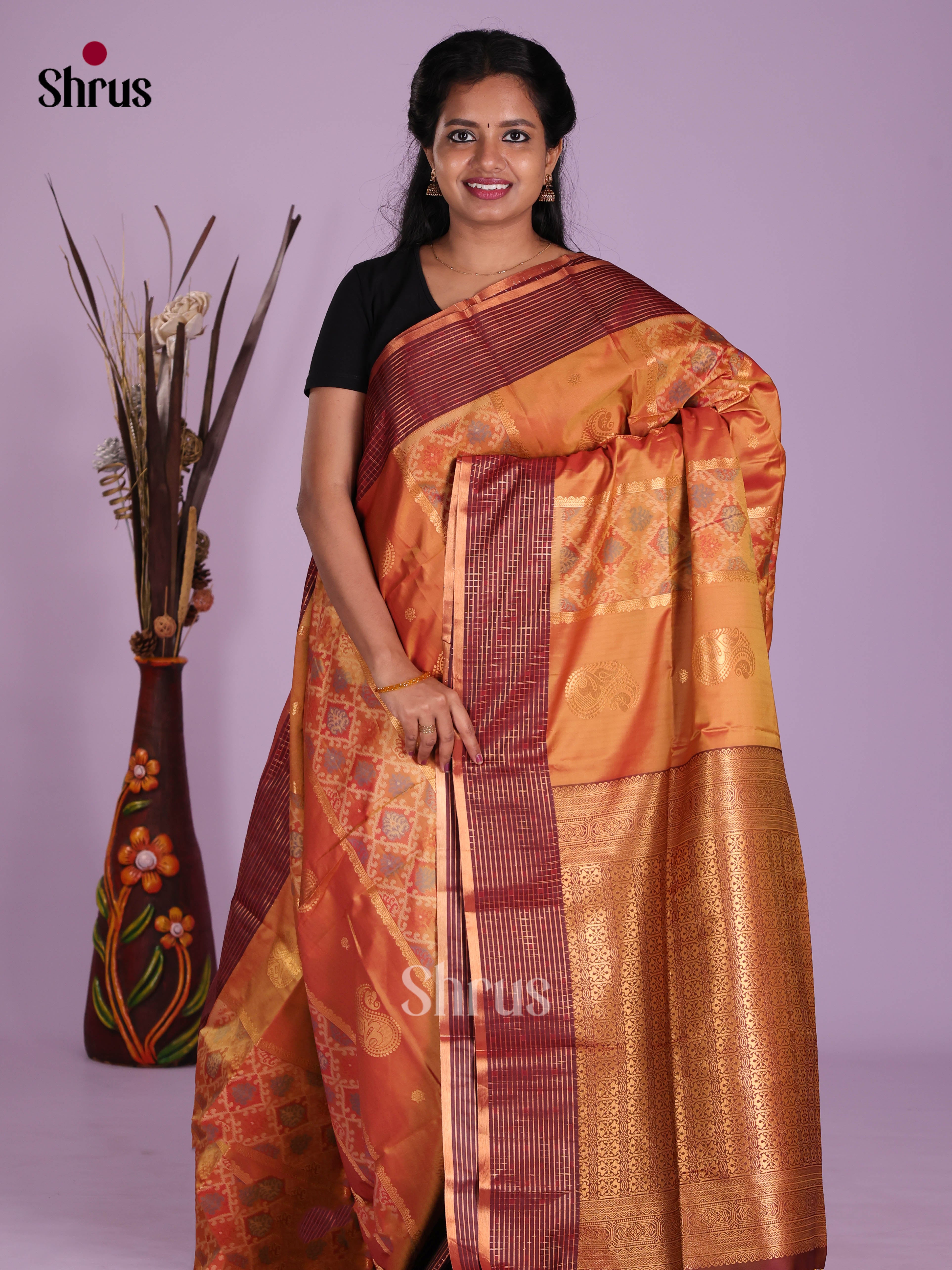 Orange & Maroon - Semi Softsilk Saree