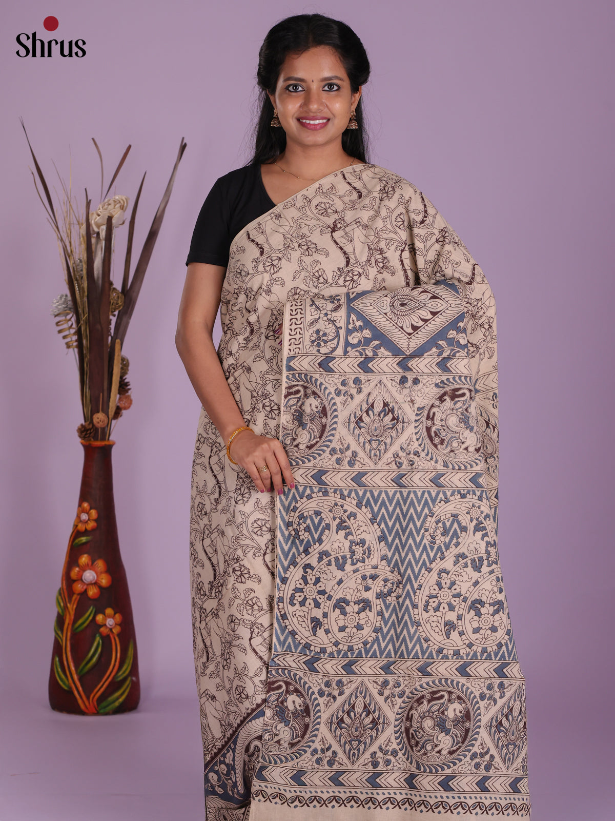 Cream & Blue - kalamkari-cotton Saree