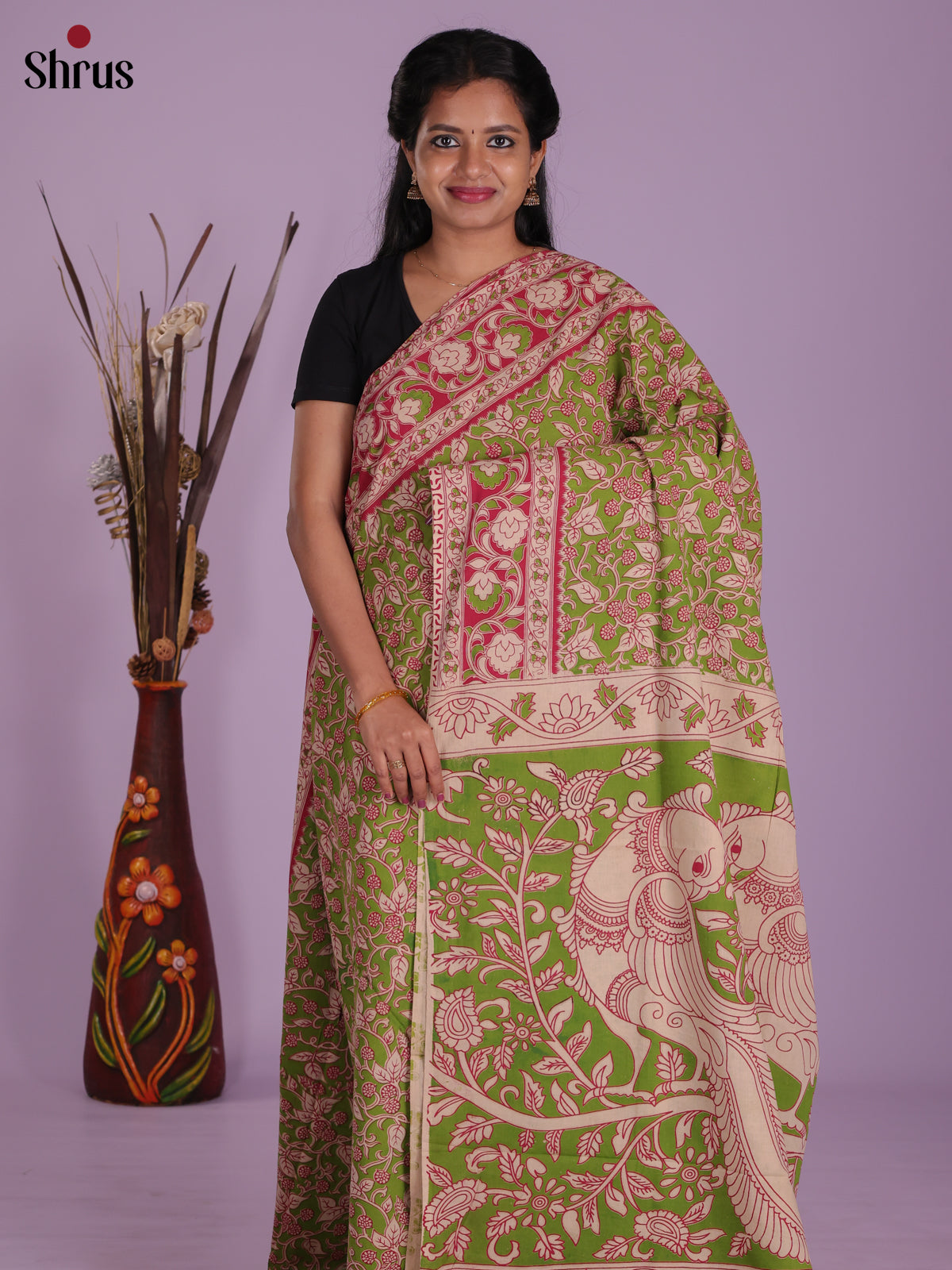 Green & Cream- kalamkari-cotton Saree