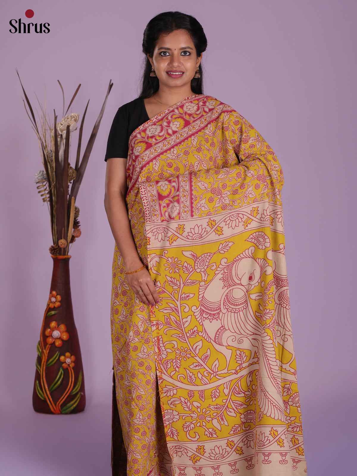 Yellow & Red - kalamkari-cotton Saree