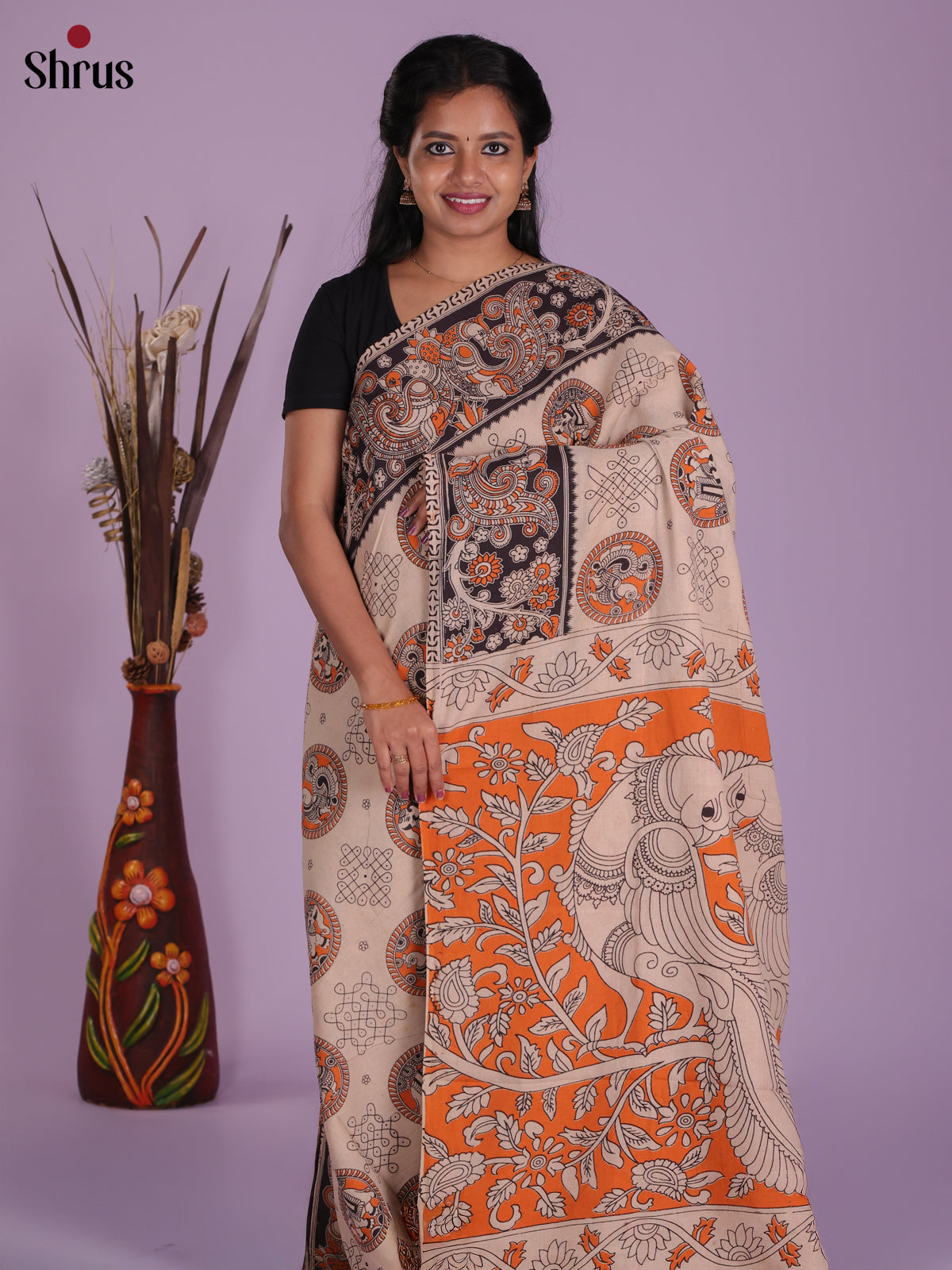 Cream & Orange - kalamkari-cotton Saree