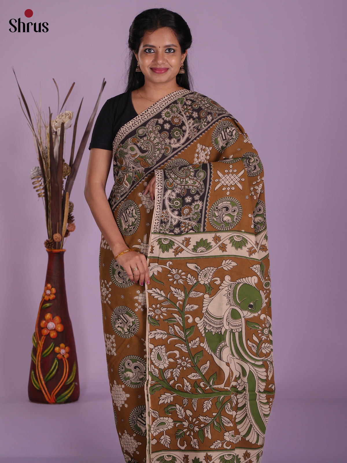 Mehandi & Black - kalamkari-cotton Saree