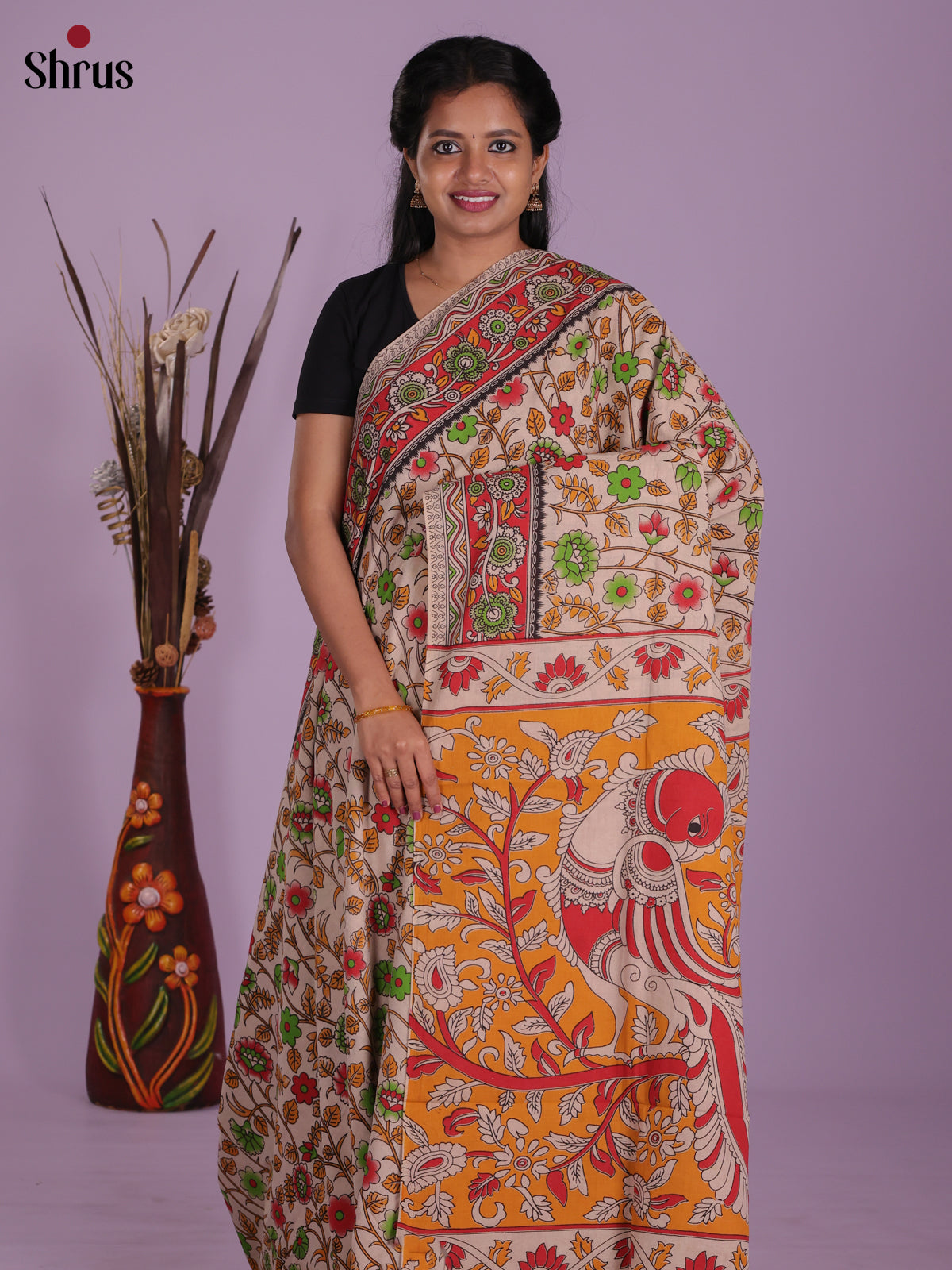 Cream & Orange - kalamkari-cotton Saree