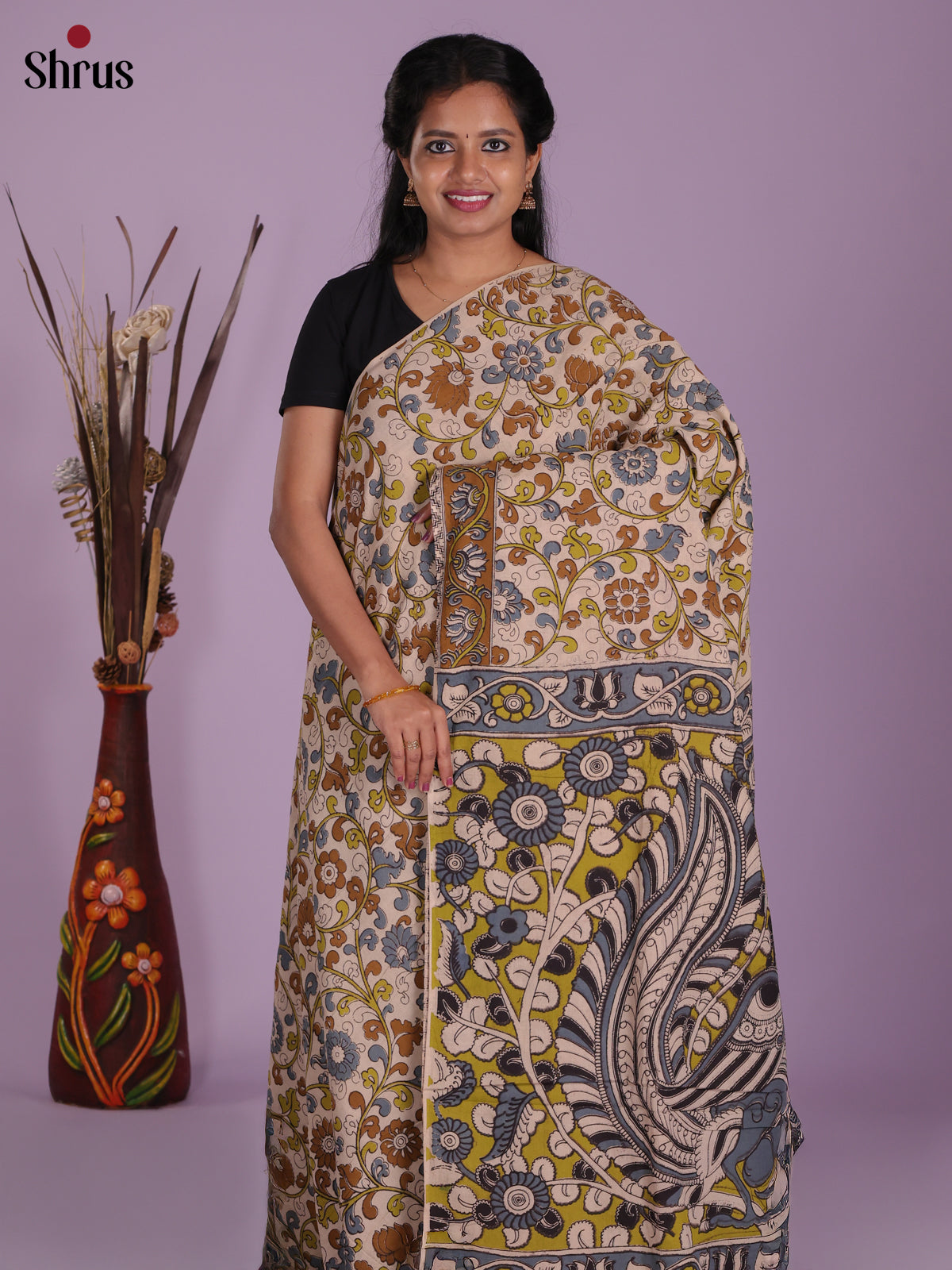 Cream & Grey - kalamkari-cotton Saree