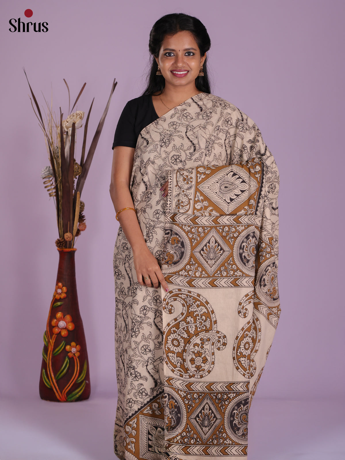 Cream & Mehandi - kalamkari-cotton Saree