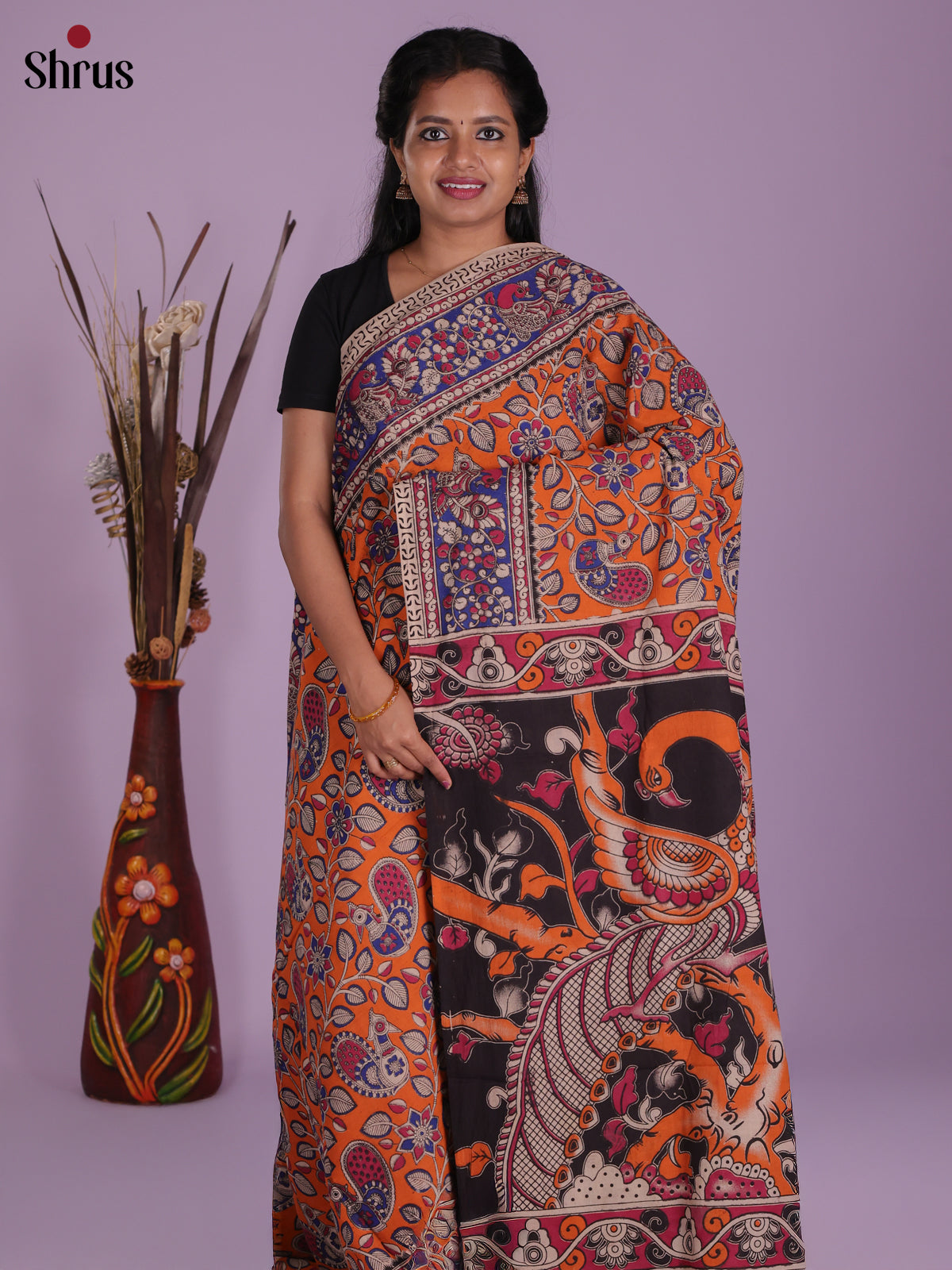 Orange & Blue - kalamkari-cotton Saree