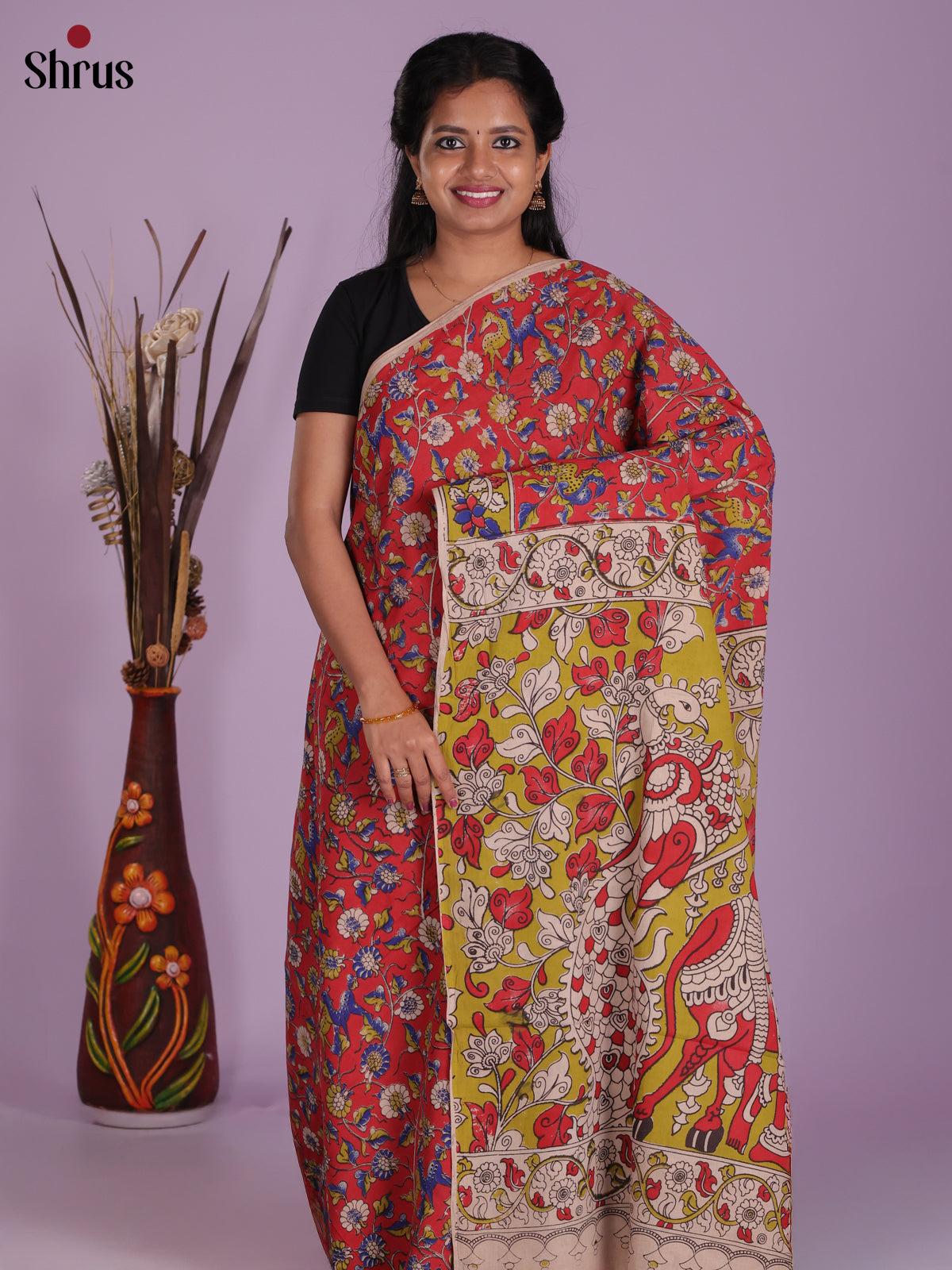 Red & Green- kalamkari-cotton Saree - Shop on Shrus.com