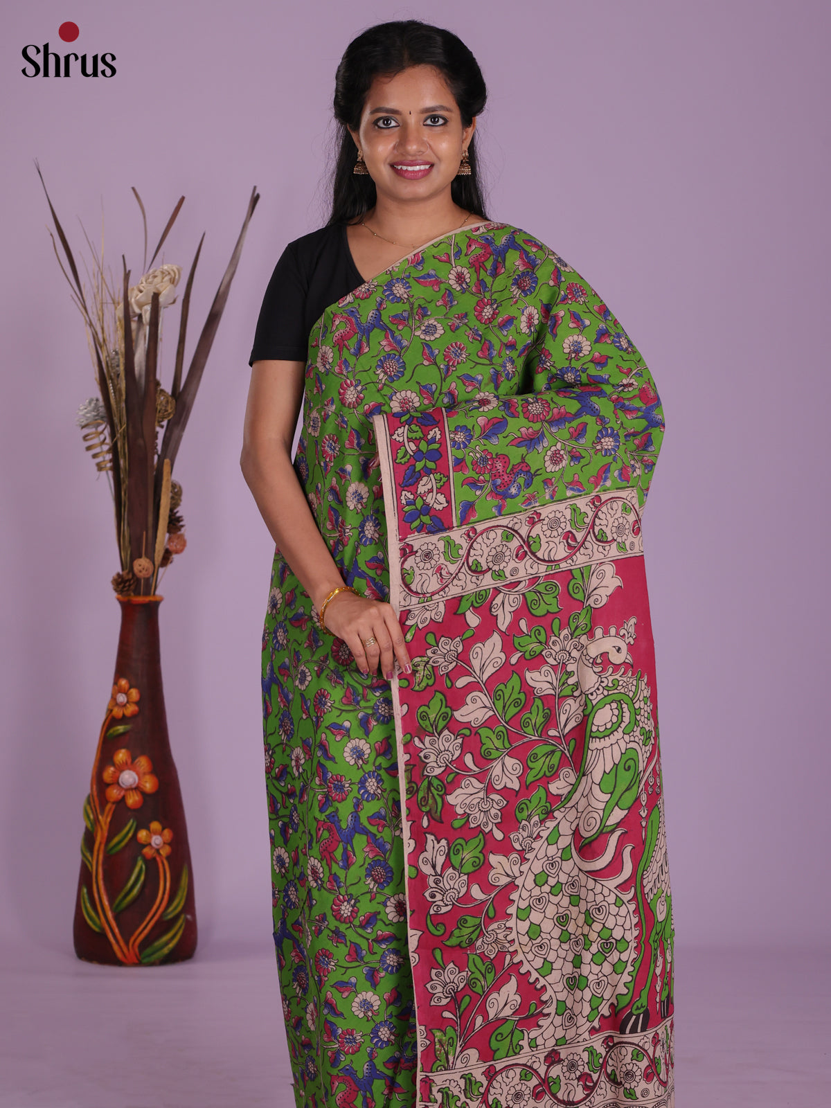 Leaf Green & Pink - kalamkari-cotton Saree