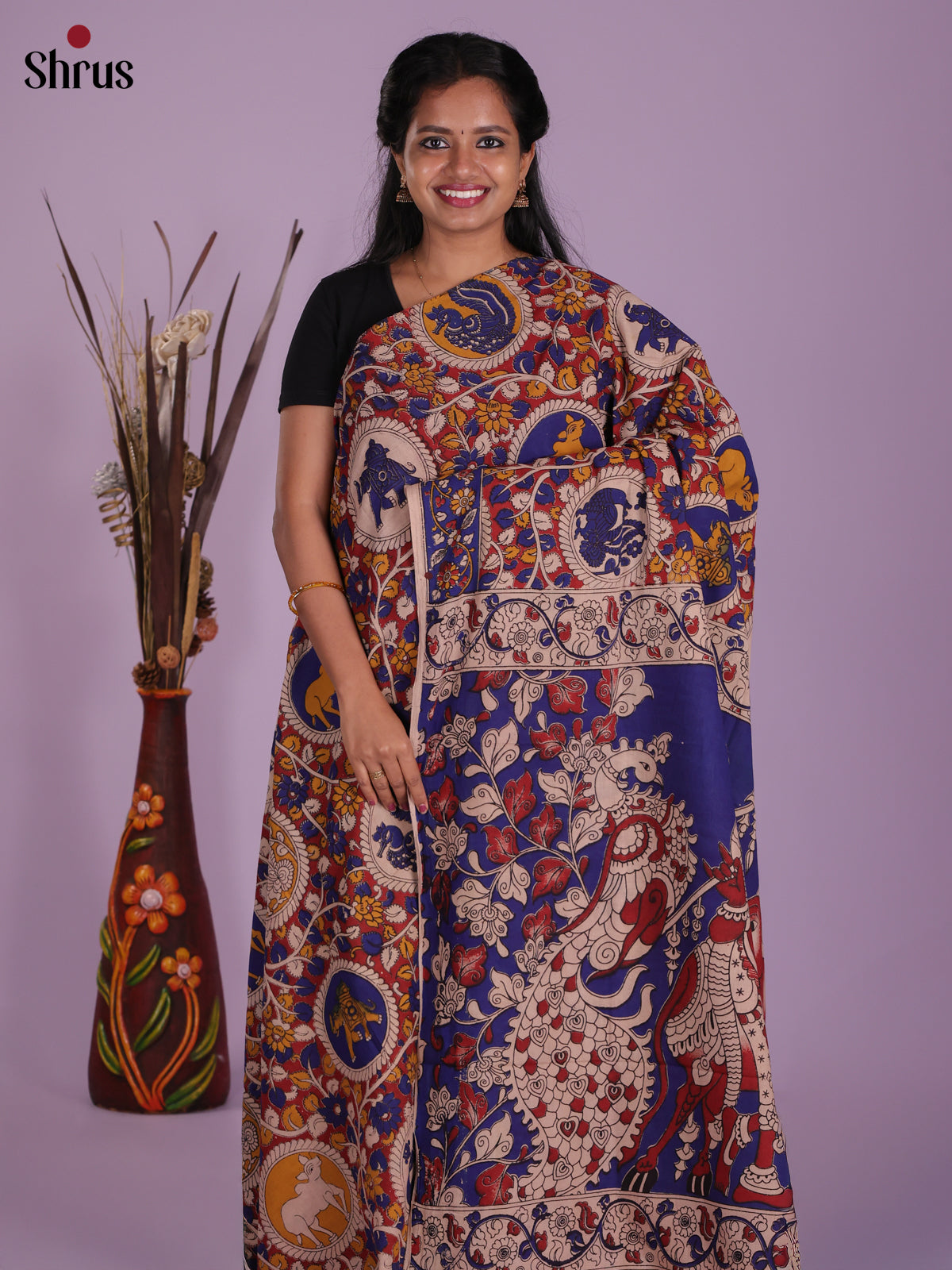 Dark Mustard & Blue- kalamkari-cotton Saree - Shop on Shrus.com