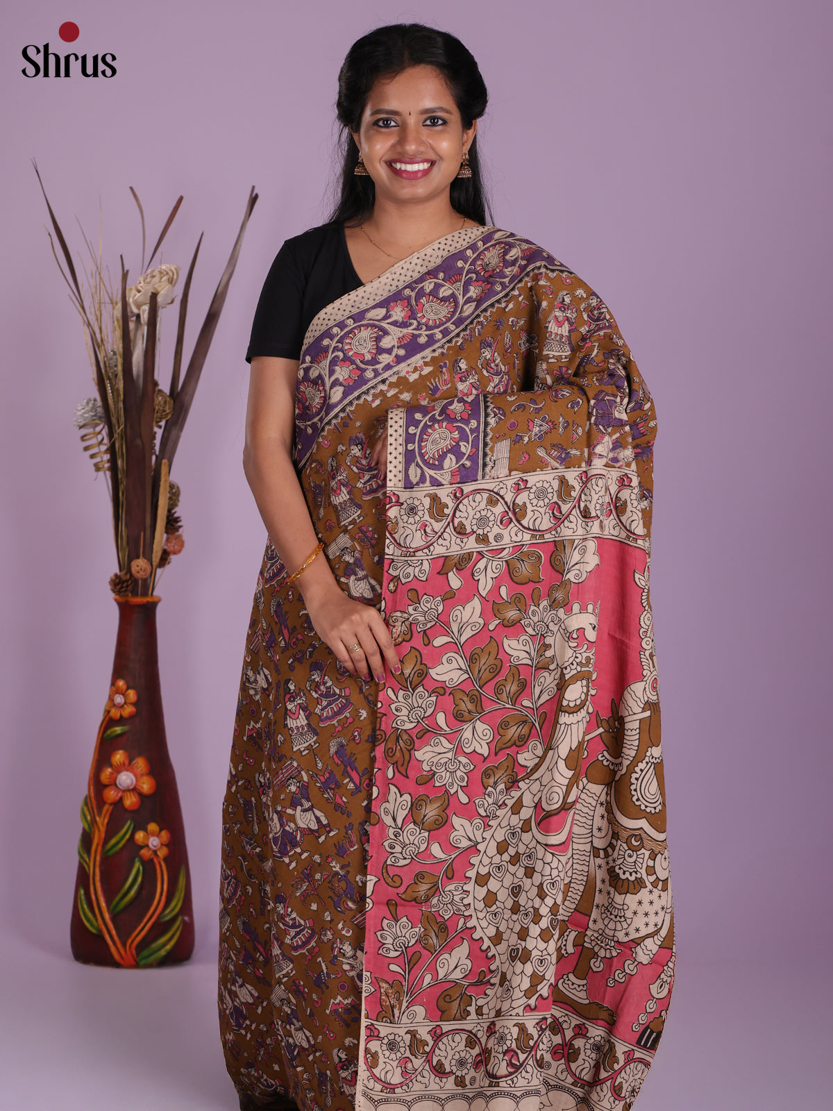 Mehandi & Cream - kalamkari-cotton Saree