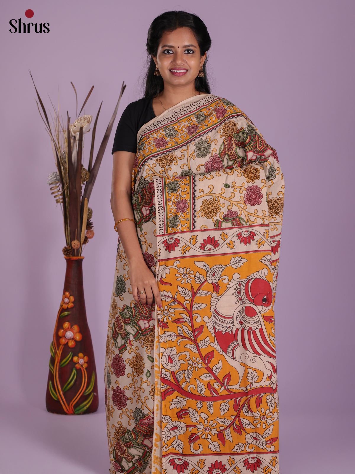 Cream & Yellow - kalamkari-cotton Saree