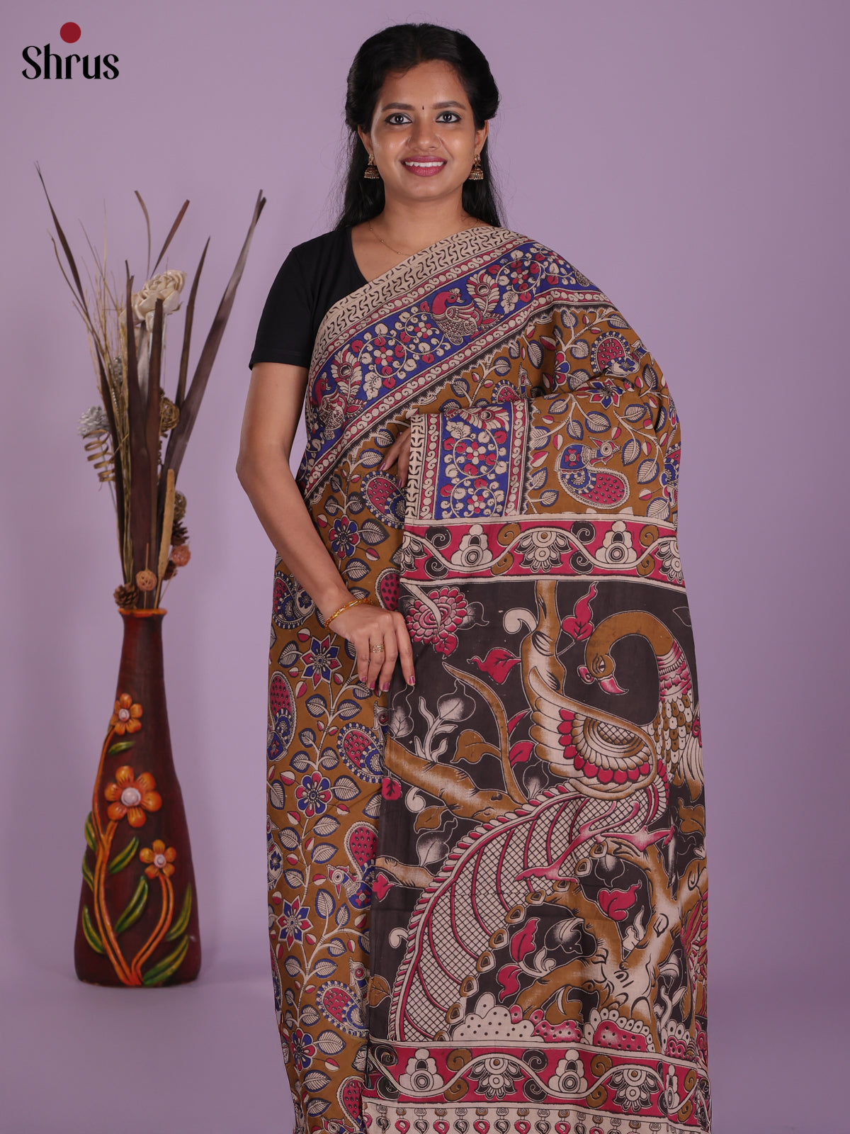 Mehandi & Black - kalamkari-cotton Saree