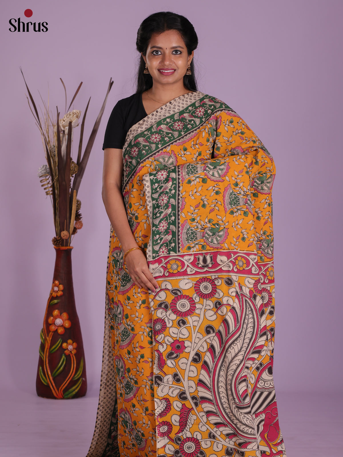 Mustard & Green - kalamkari-cotton Saree - Shop on Shrus.com