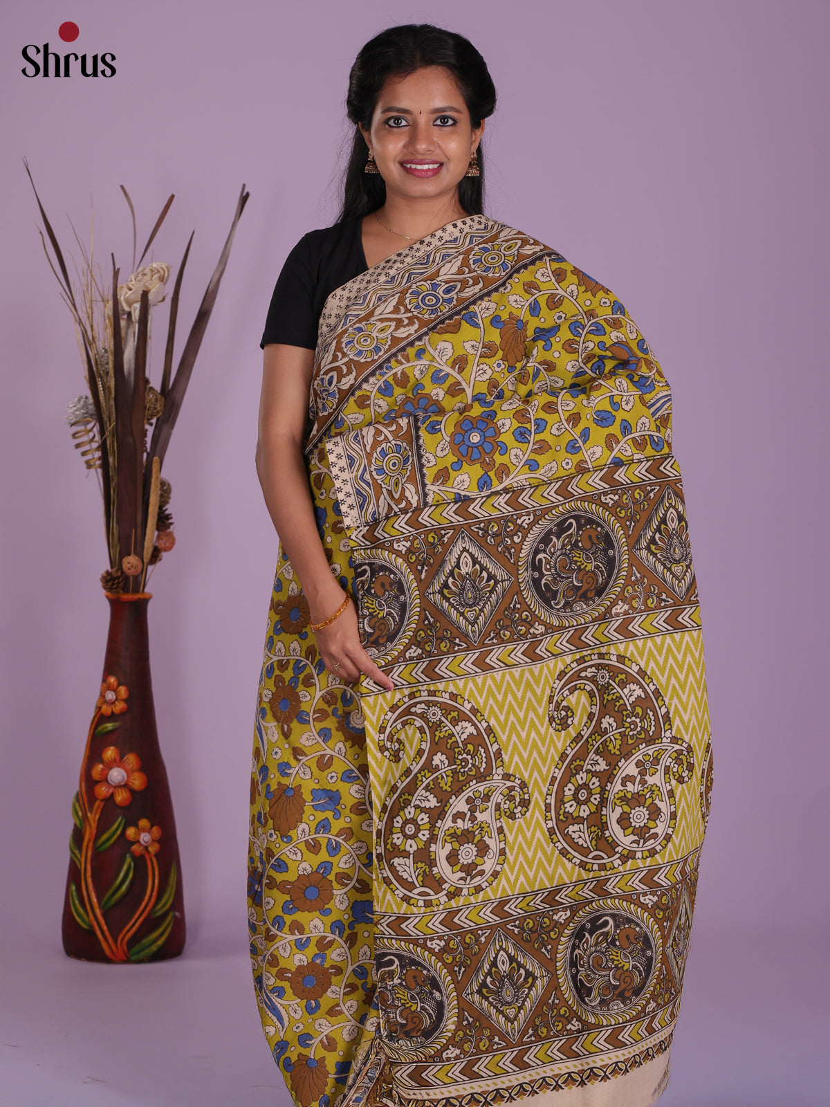 Lime Green & Brown - kalamkari-cotton Saree