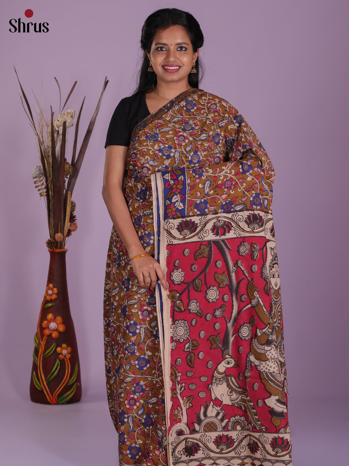 Mehandi & Pink - kalamkari-cotton Saree