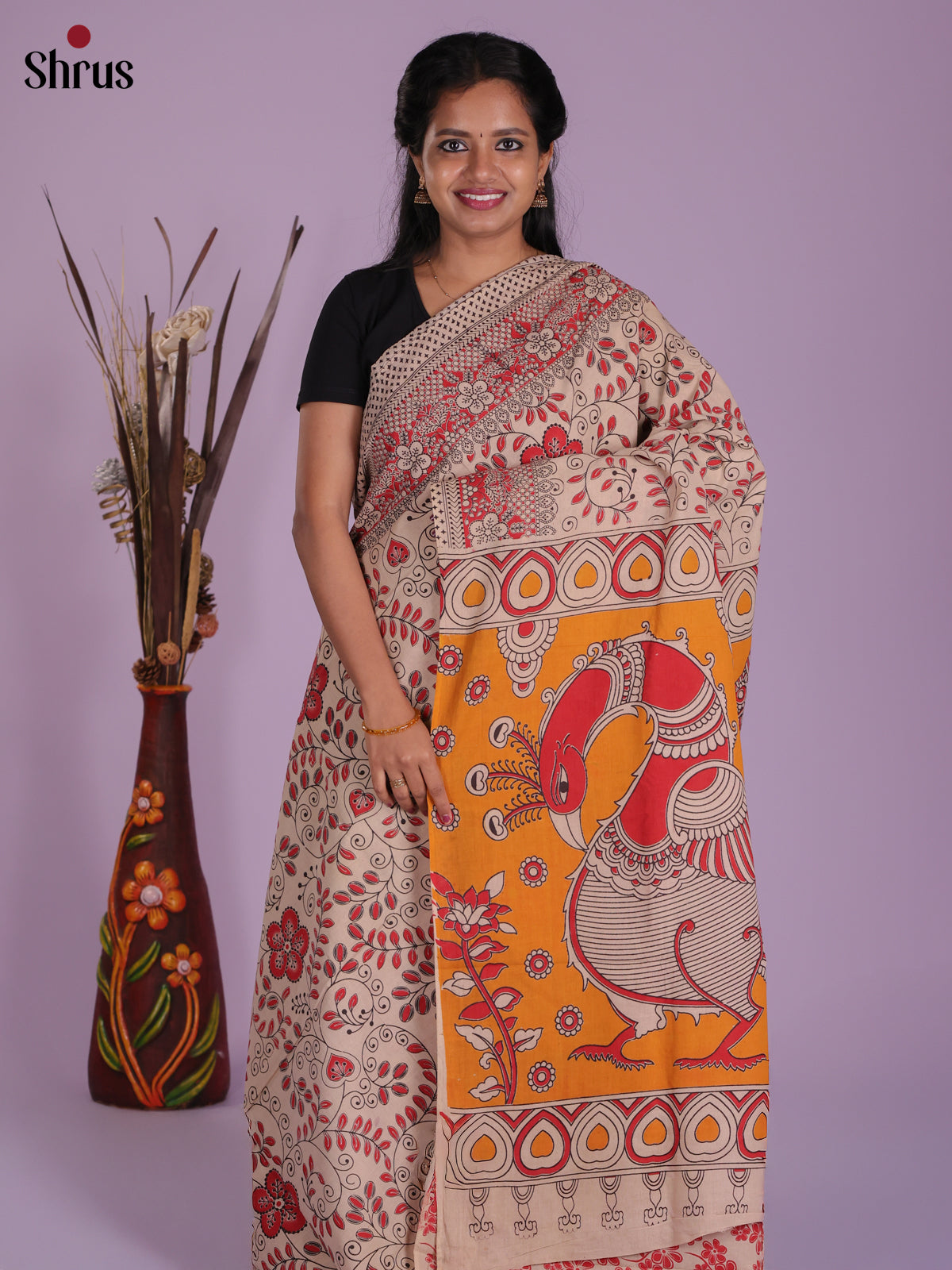 Cream & Red- kalamkari-cotton Saree