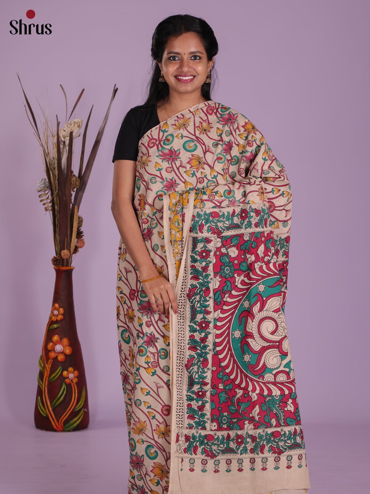 cream & Pink - kalamkari-cotton Saree
