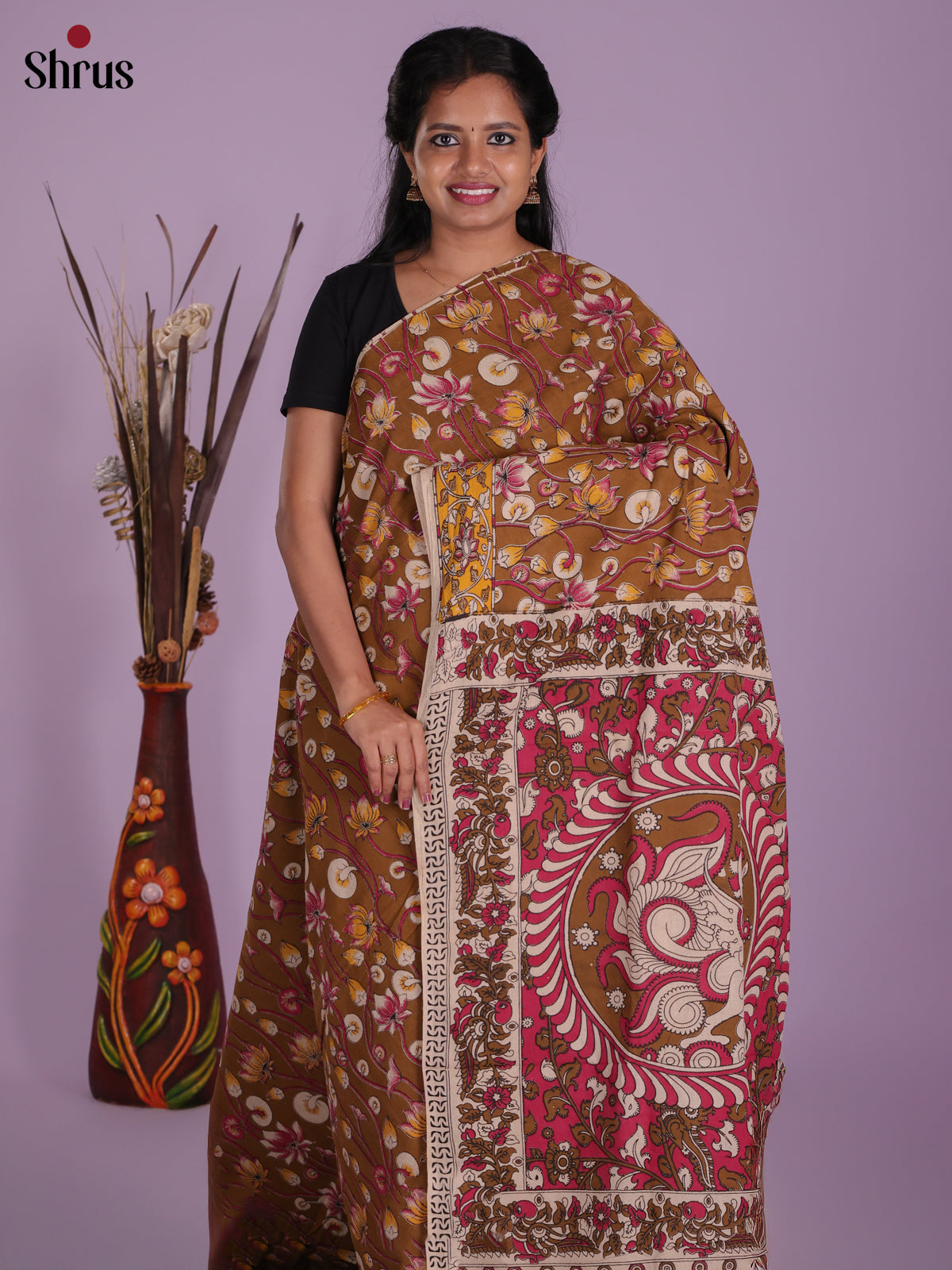 Dark Mustard &  Pink- kalamkari-cotton Saree