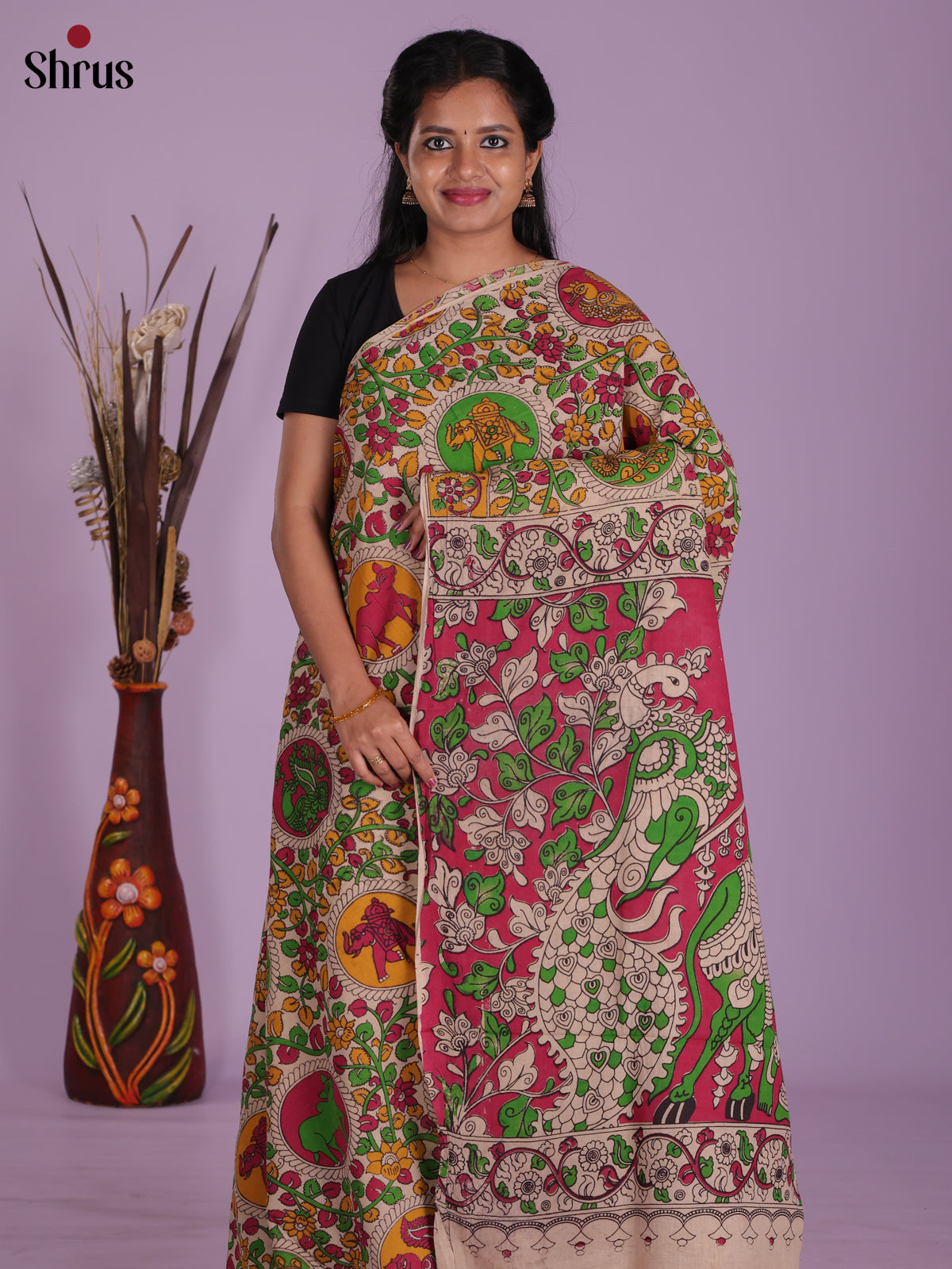 Cream & Pink - kalamkari-cotton Saree