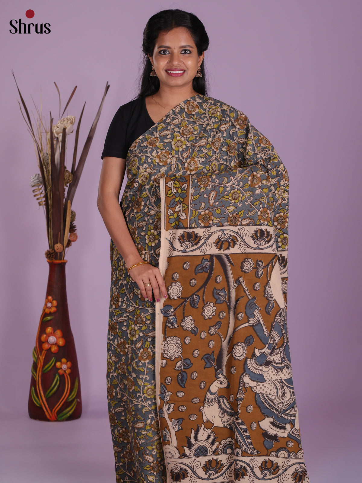 Grey & Cream- kalamkari-cotton Saree