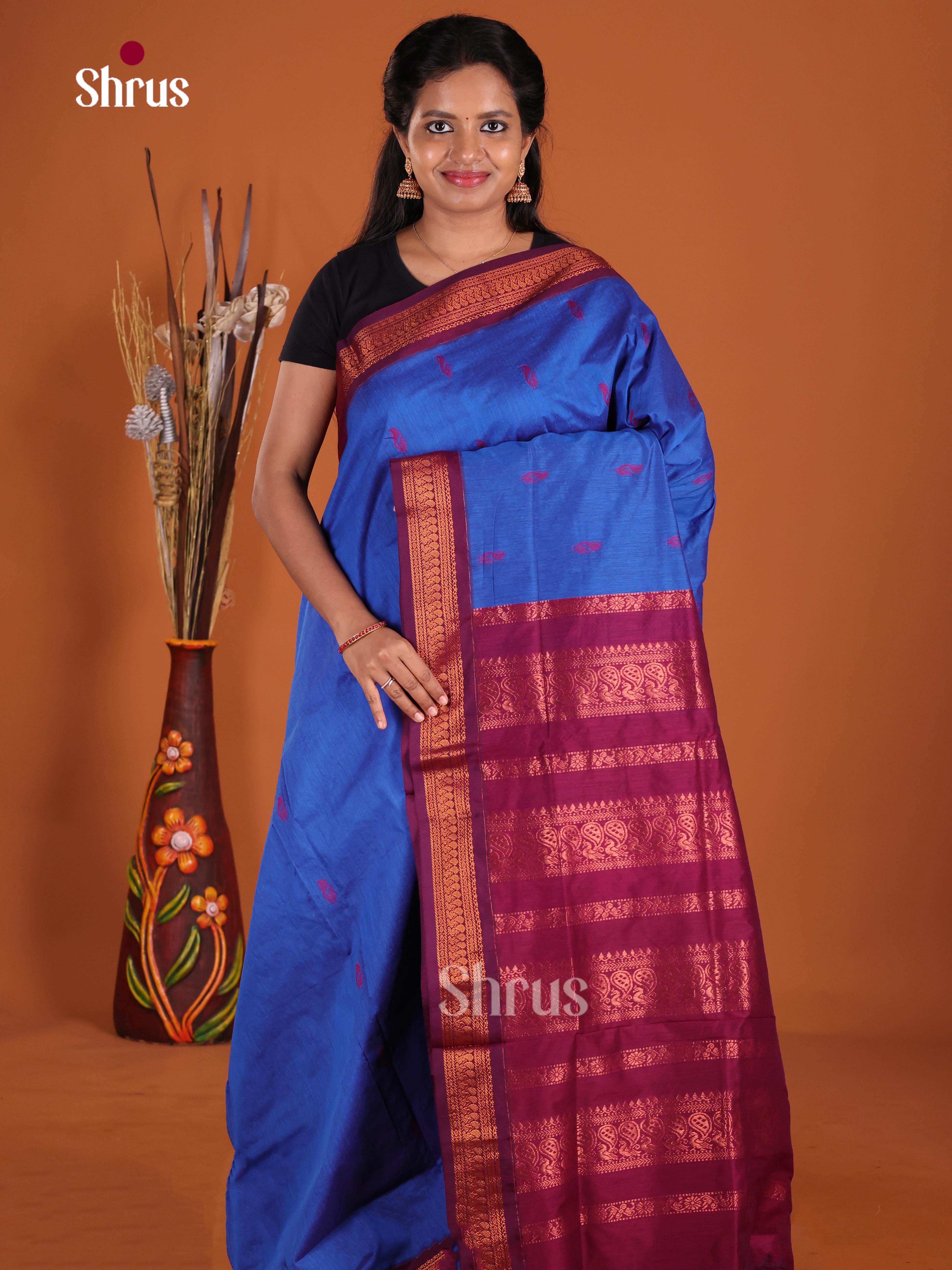 Blue & Maroon- Kalyani Cotton Saree