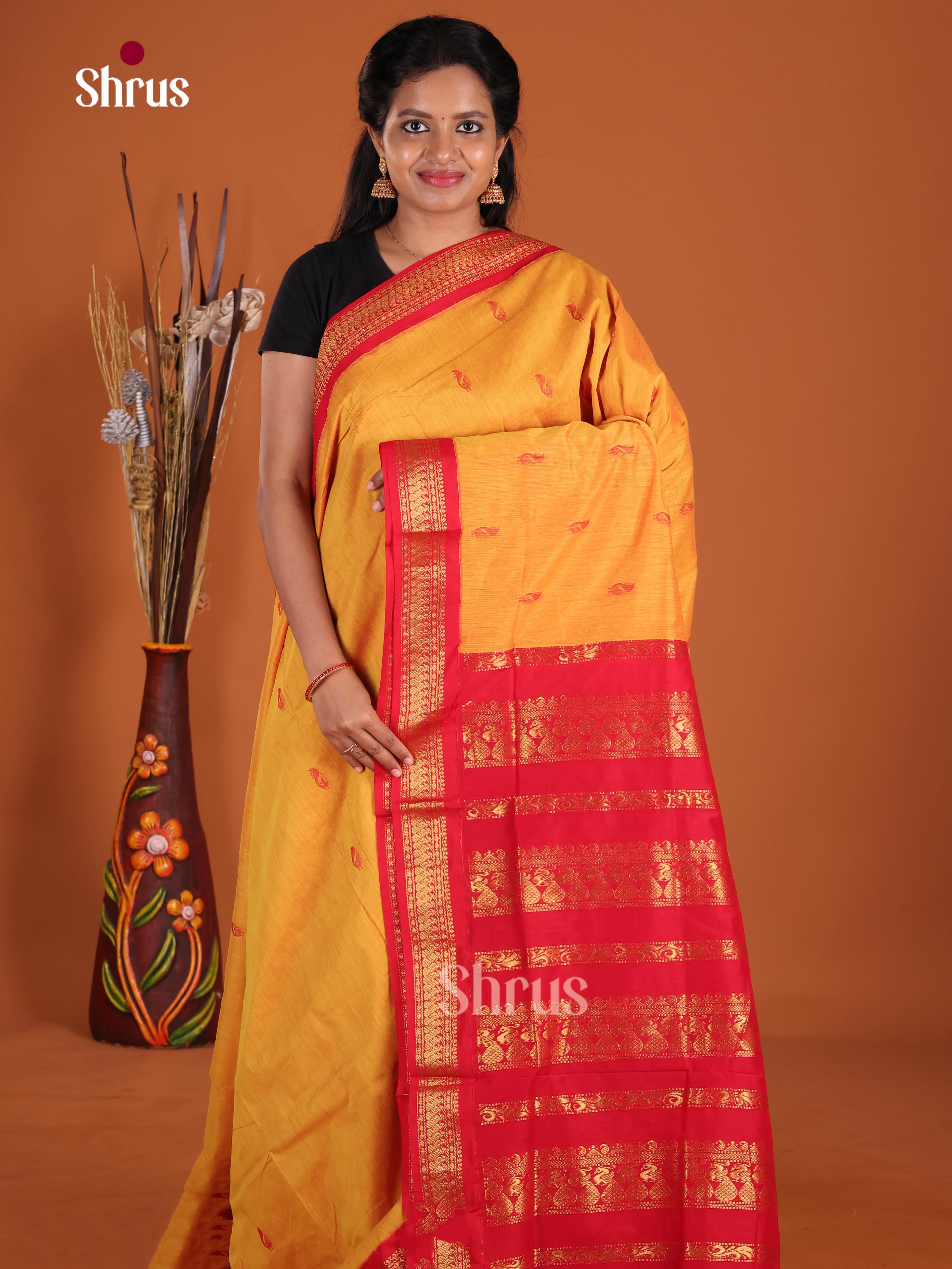 Mustard & Red- Kalyani Cotton Saree