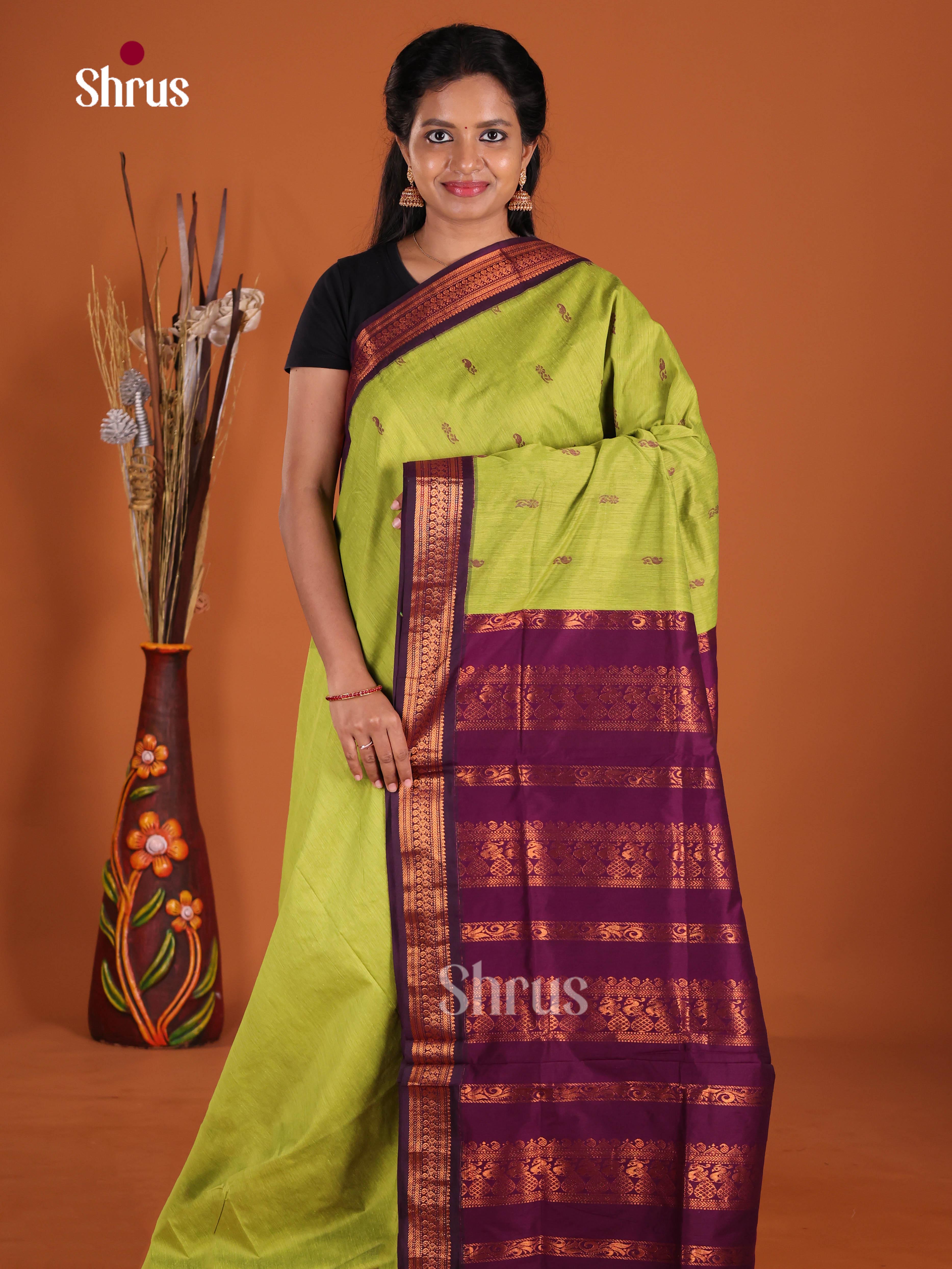 Light Green & Purple - Kalyani Cotton Saree