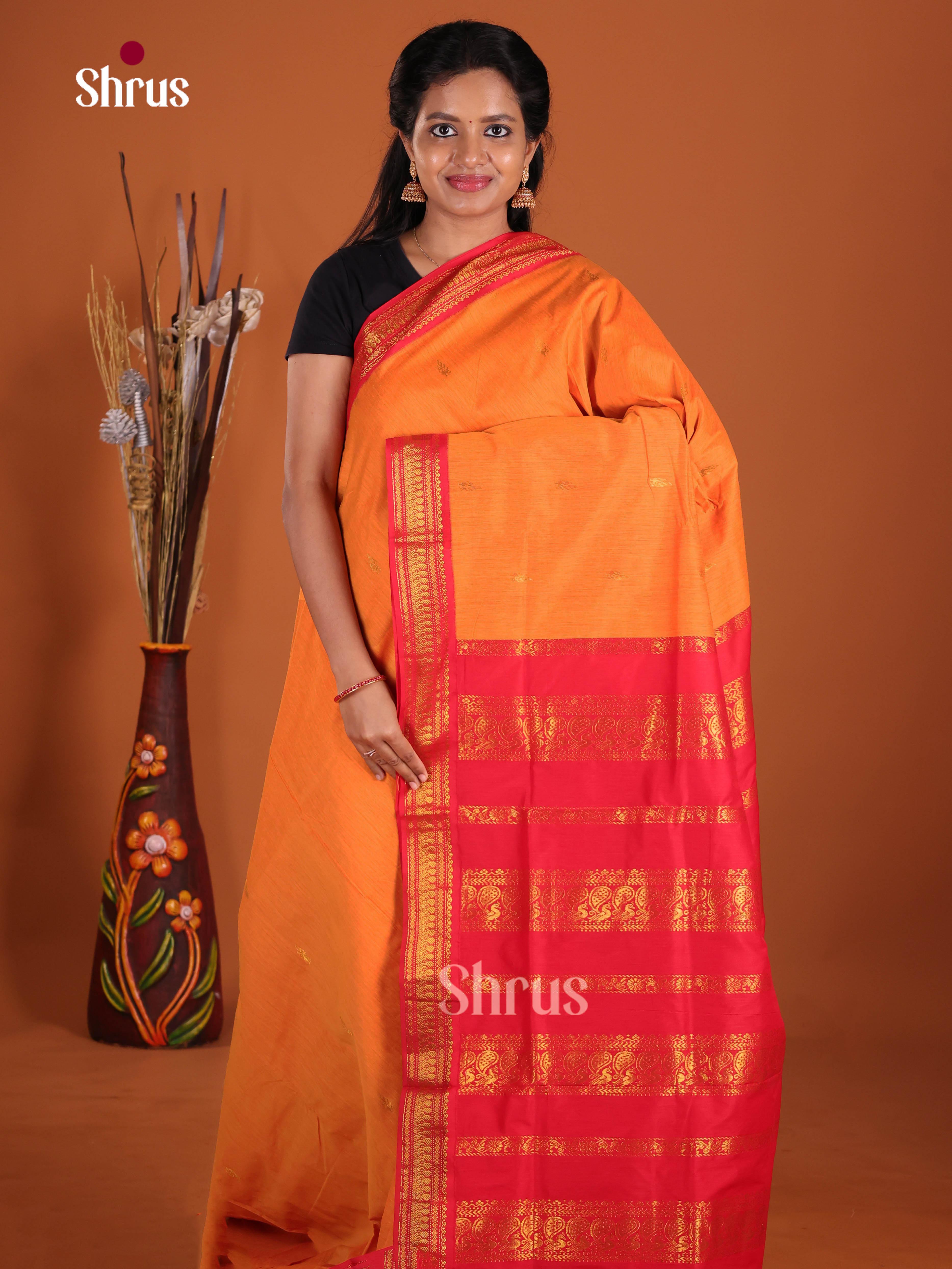 Orange & Red  - Kalyani Cotton Saree