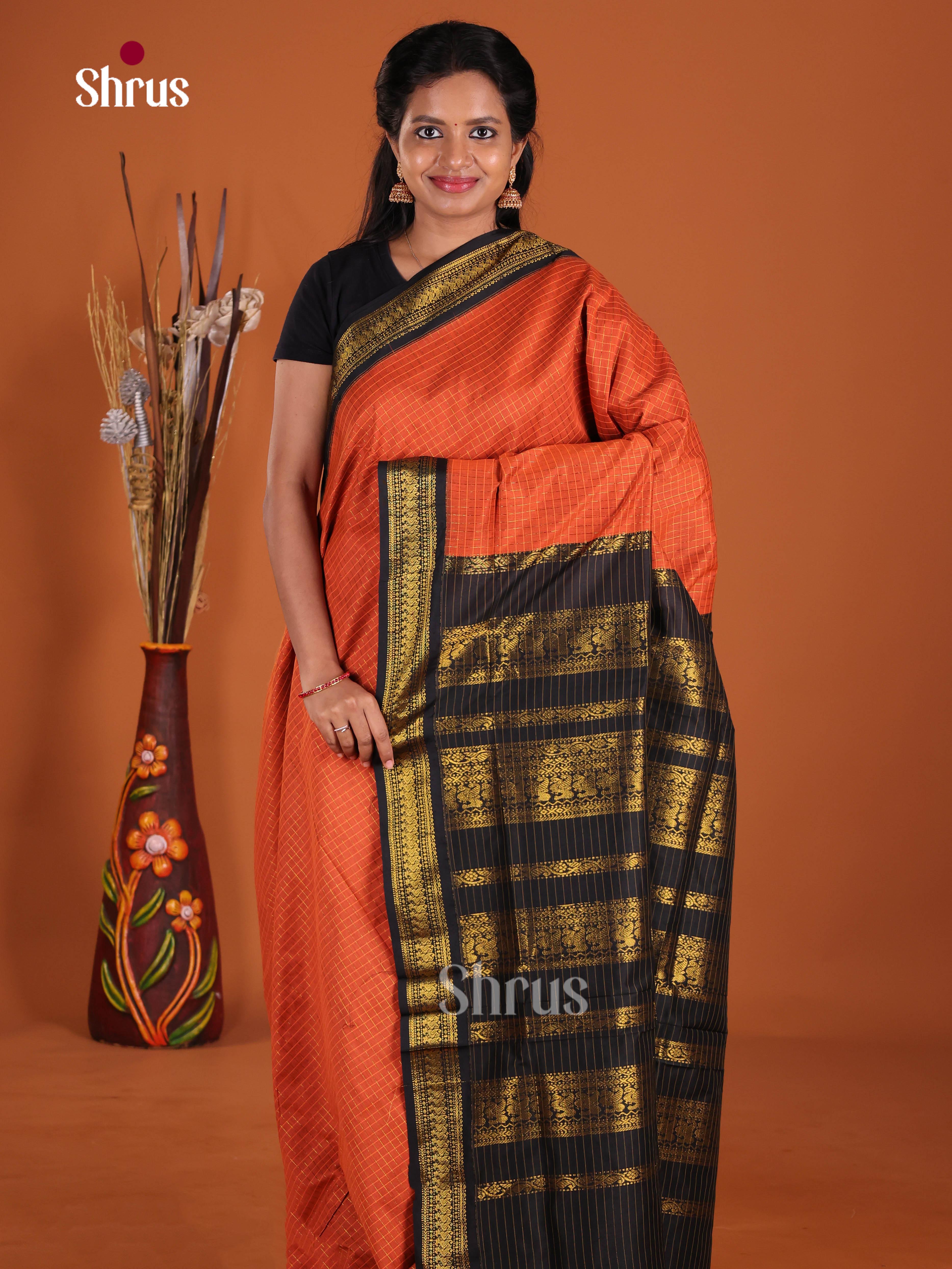 Orange & Black - Kalyani Cotton Saree