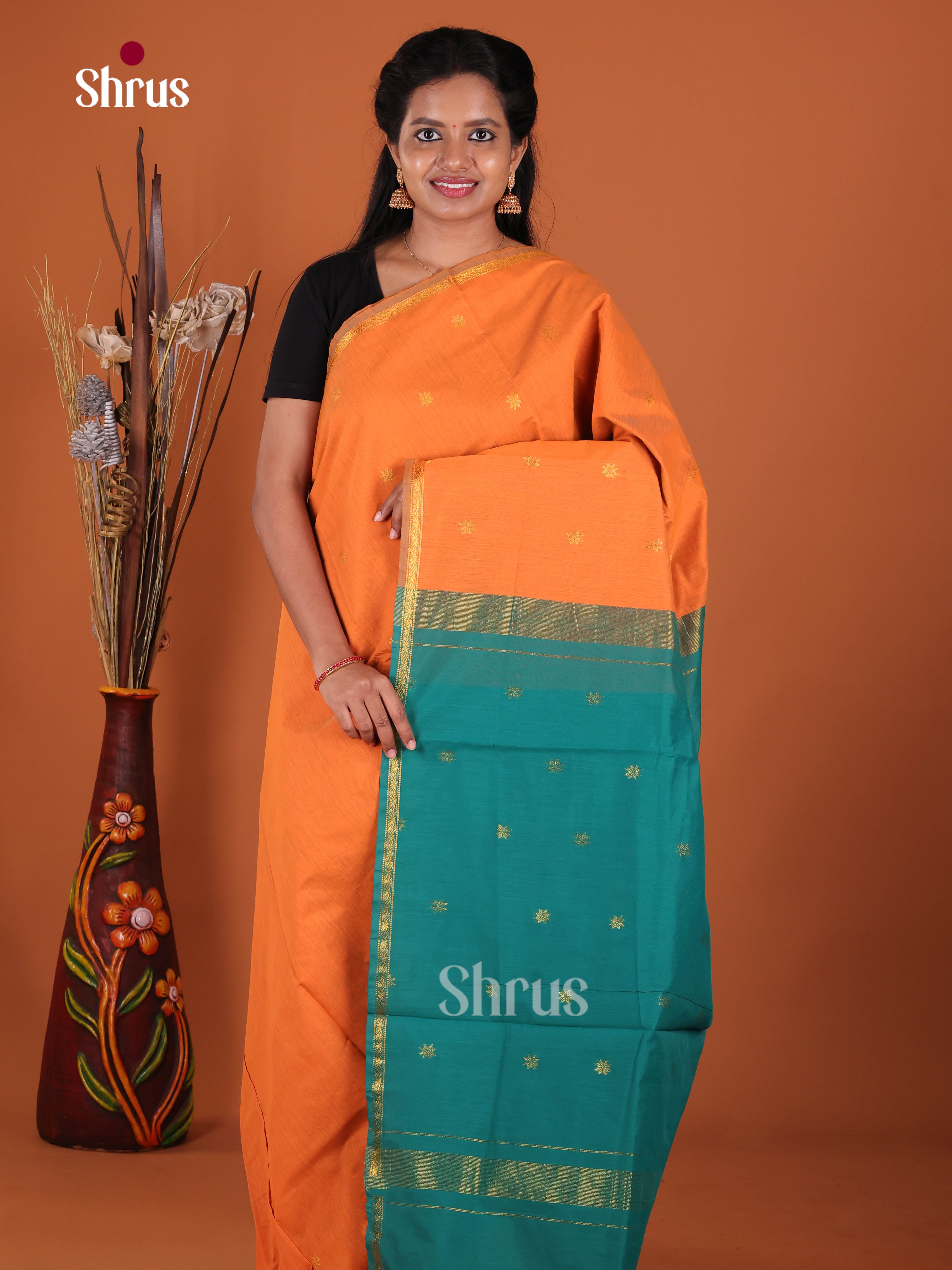 Orange & Green- Semi Maheshwari Saree