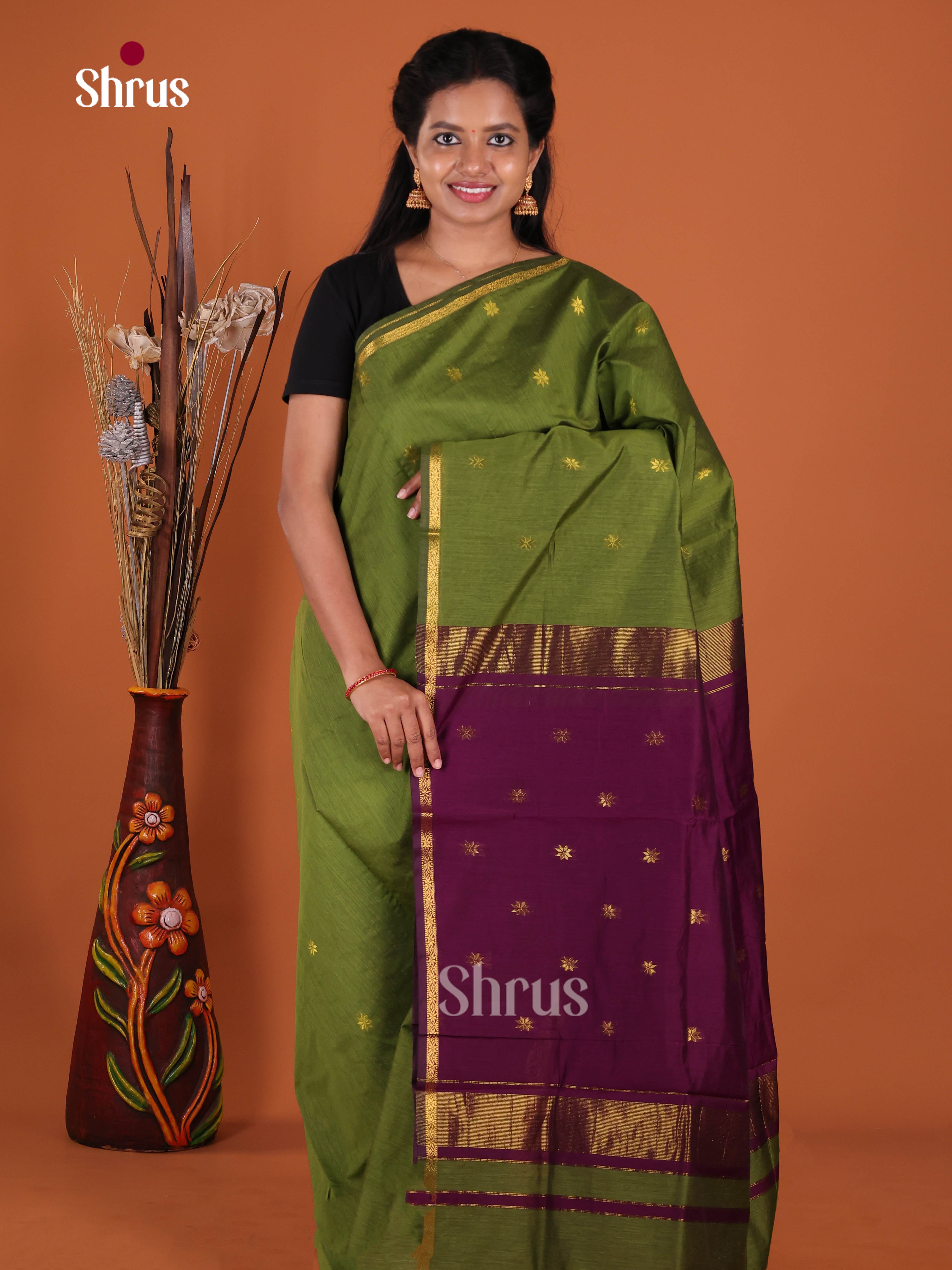 Green & Purple - Semi Maheshwari Saree - Shop on Shrus.com