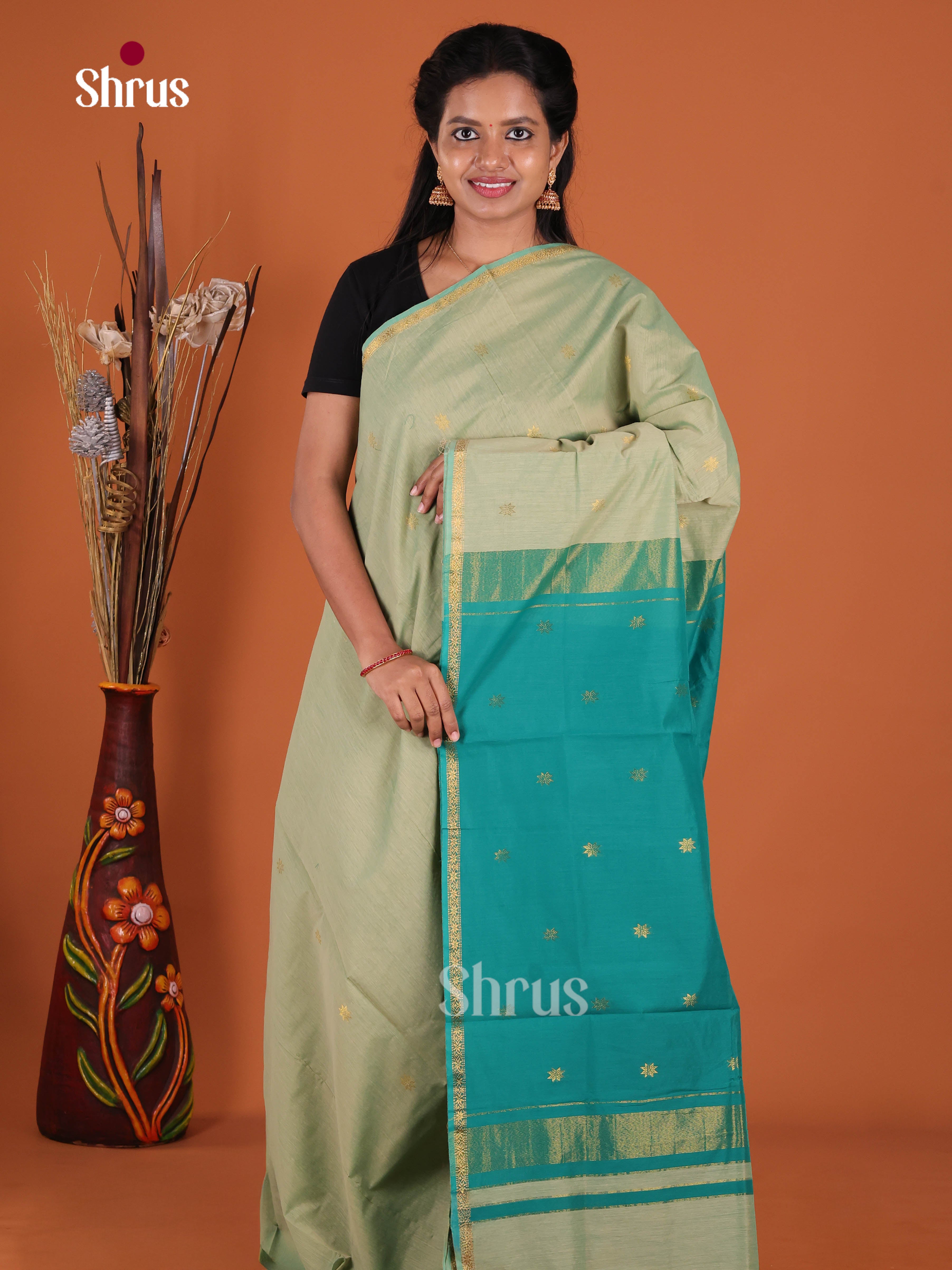 Grey Green & Green - Semi Maheshwari Saree - Shop on Shrus.com
