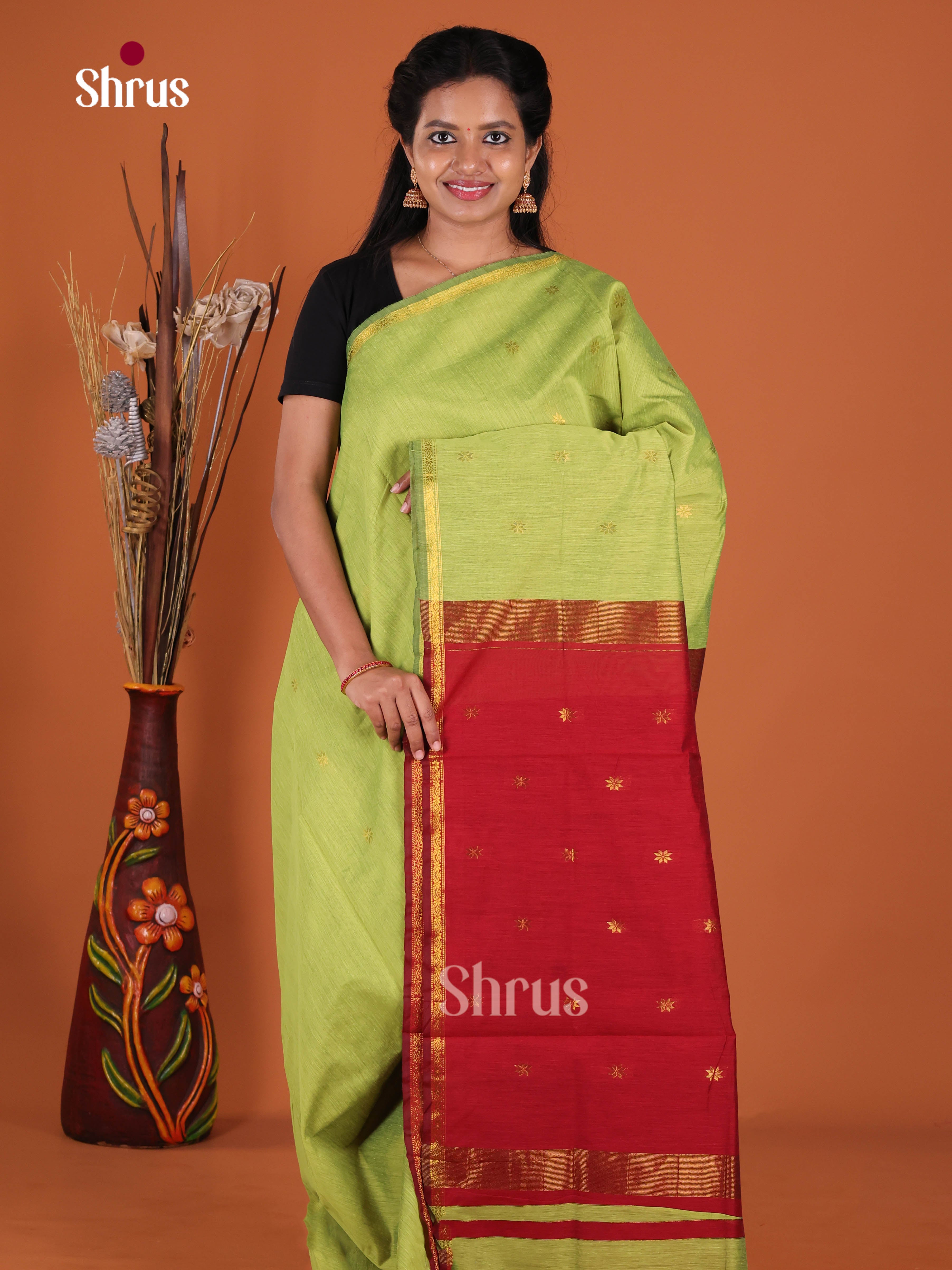 Pista Green & Red - Semi Maheshwari Saree