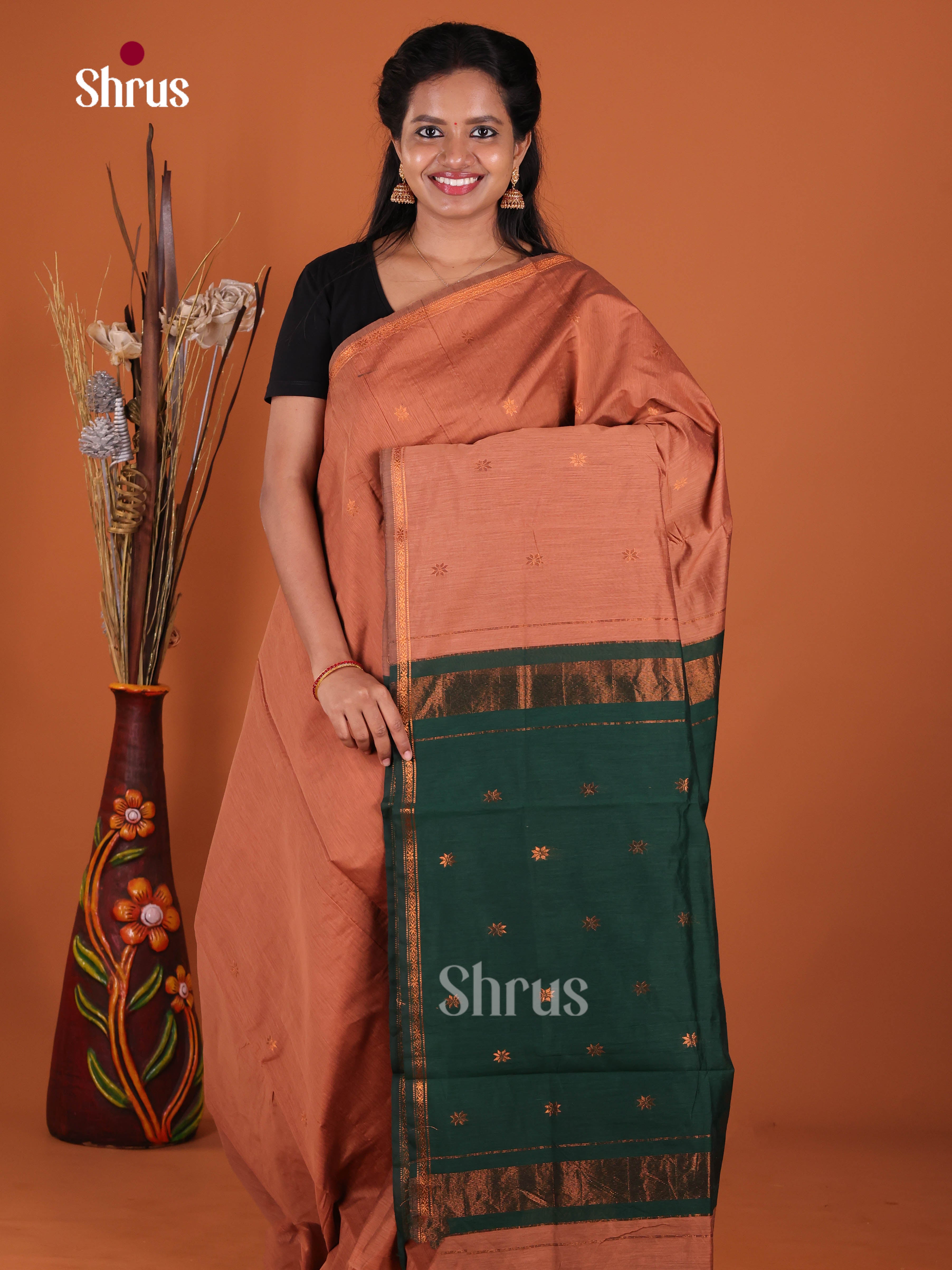 Brown & Green- Semi Maheshwari Saree