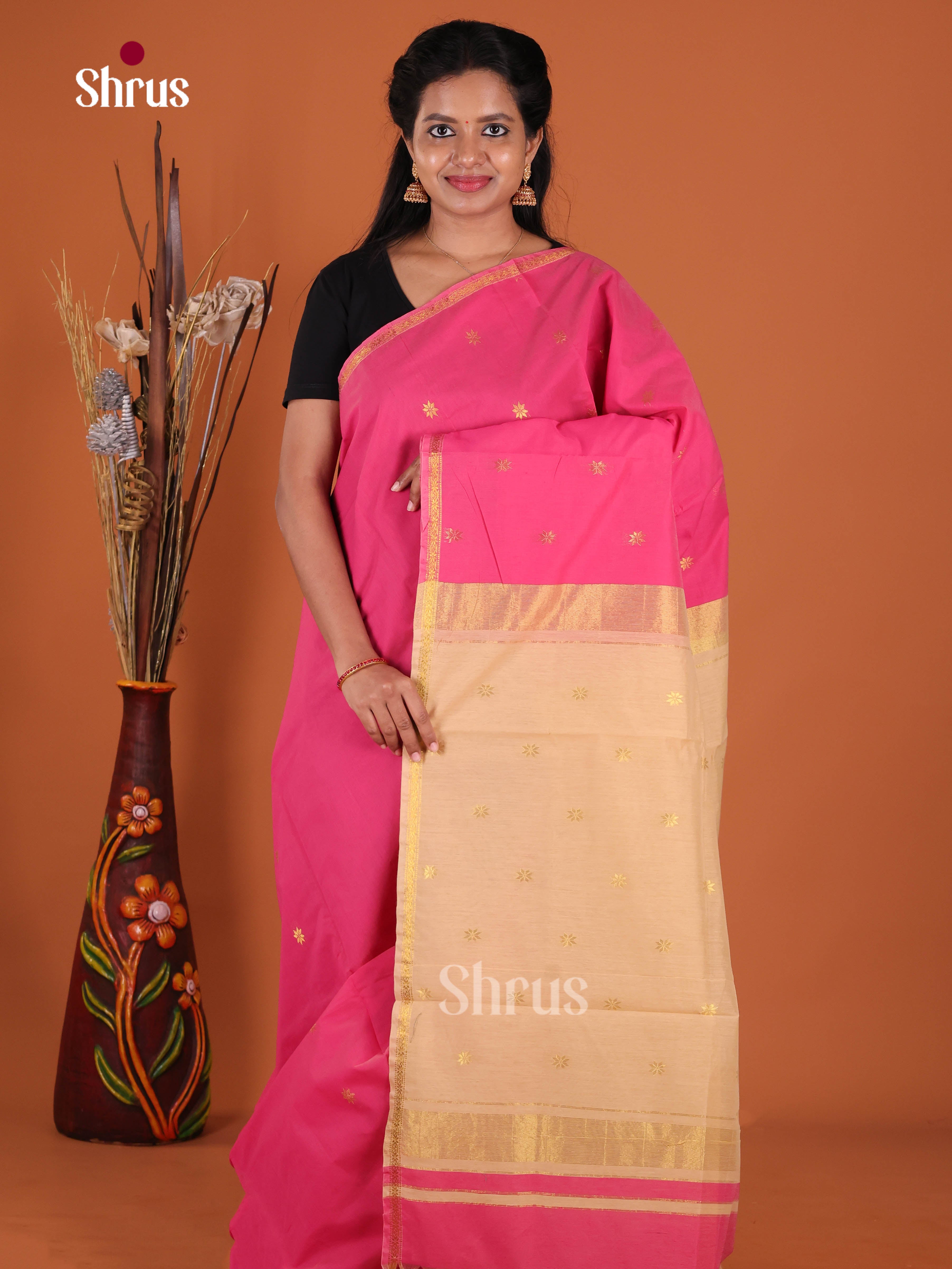 Pink & Beige - Semi Maheshwari Saree