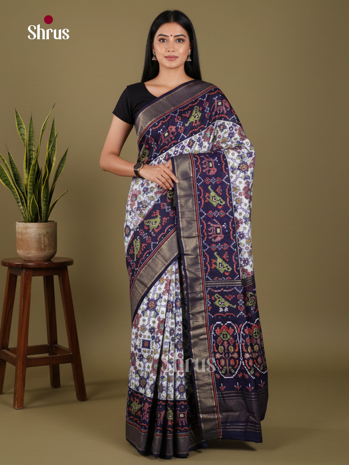 DJS24514 - Semi Ikkat Print Saree - Shop on Shrus.com