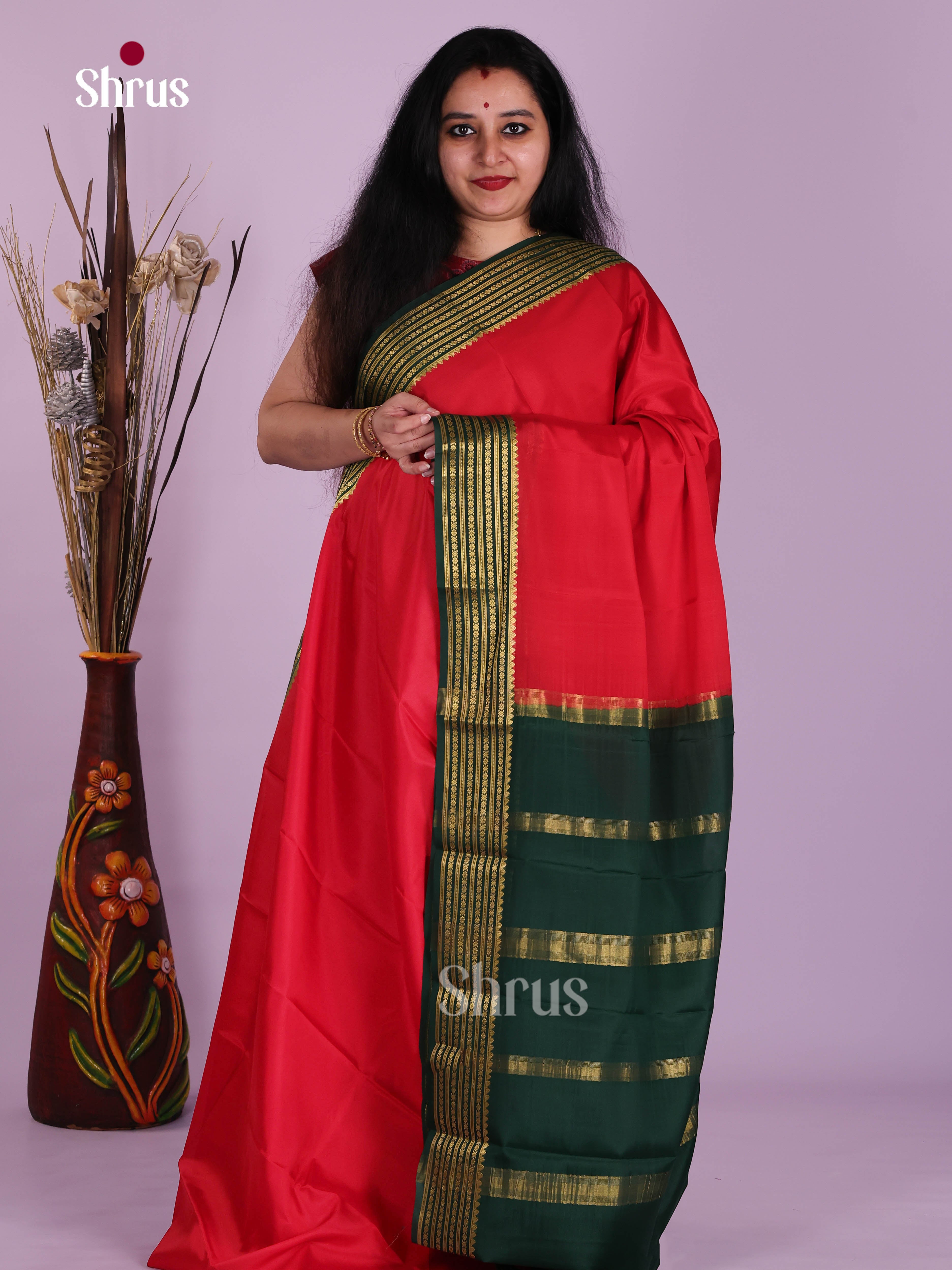 Stunning Red & Green Mysore Silk Saree with traditional zari striped pallu - Shop on Shrus.com